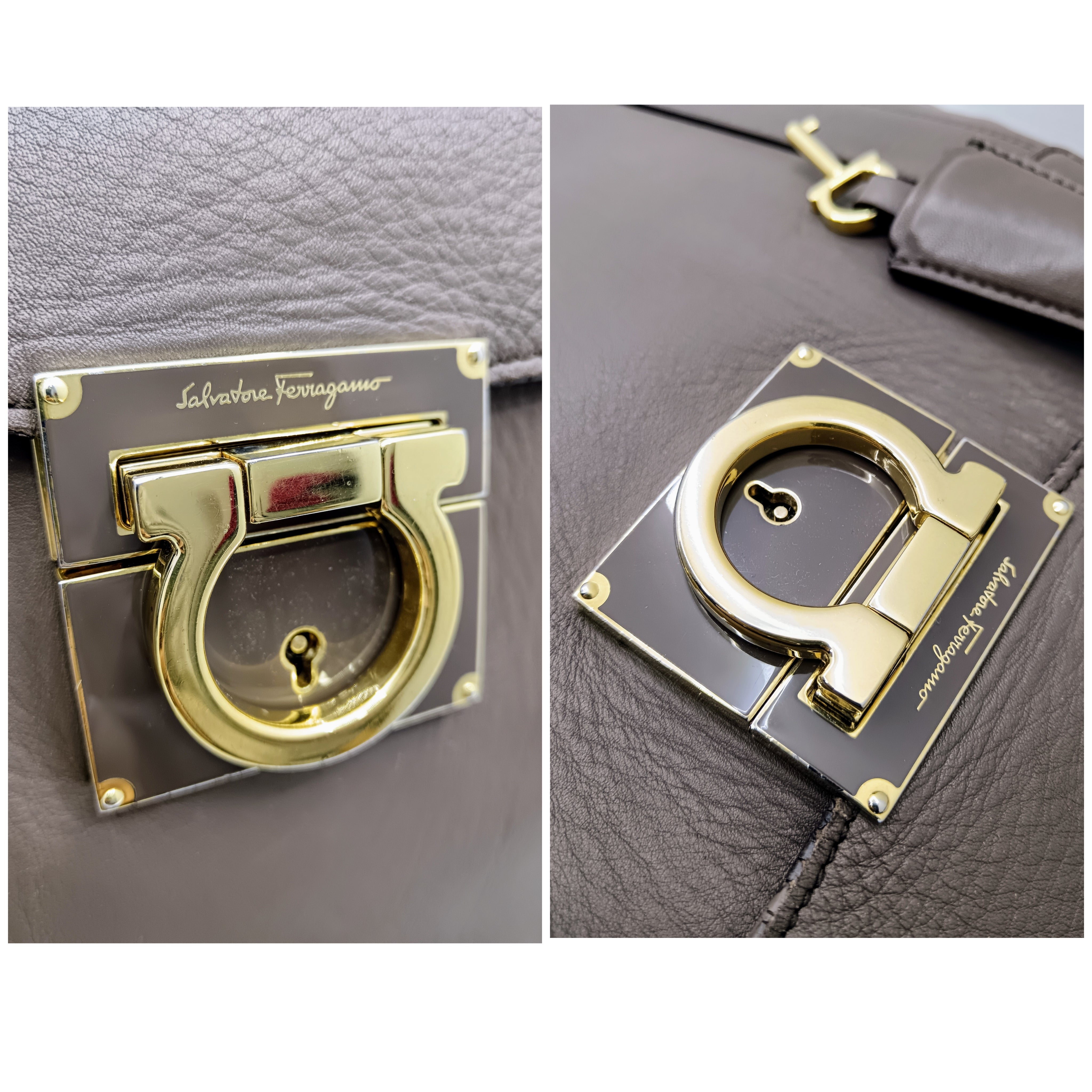 Ferragamo Salvatore– Borsa Shopper Big Logo in Pelle Liscia Tortora con Pochette