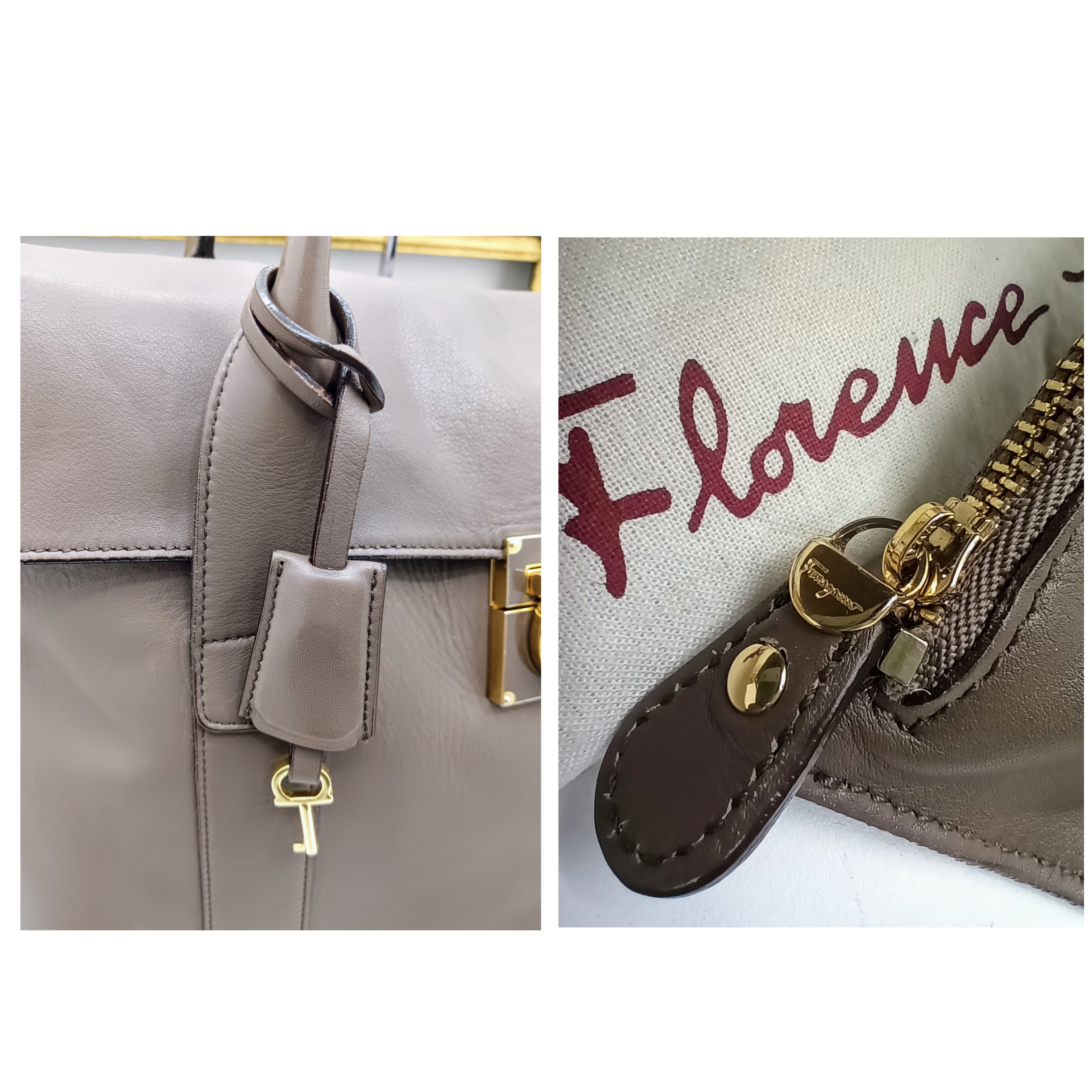 Ferragamo Salvatore– Borsa Shopper Big Logo in Pelle Liscia Tortora con Pochette