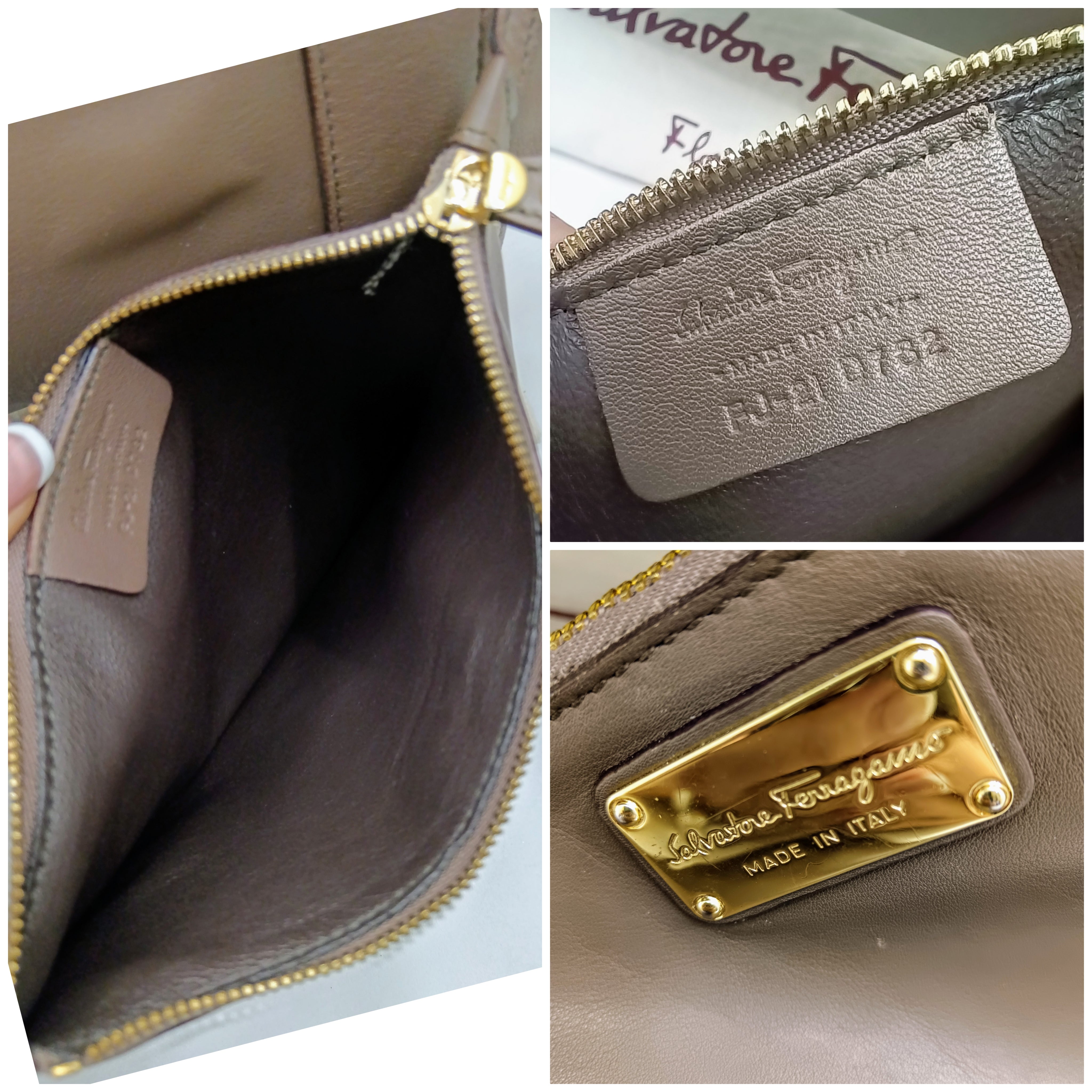 Ferragamo Salvatore– Borsa Shopper Big Logo in Pelle Liscia Tortora con Pochette