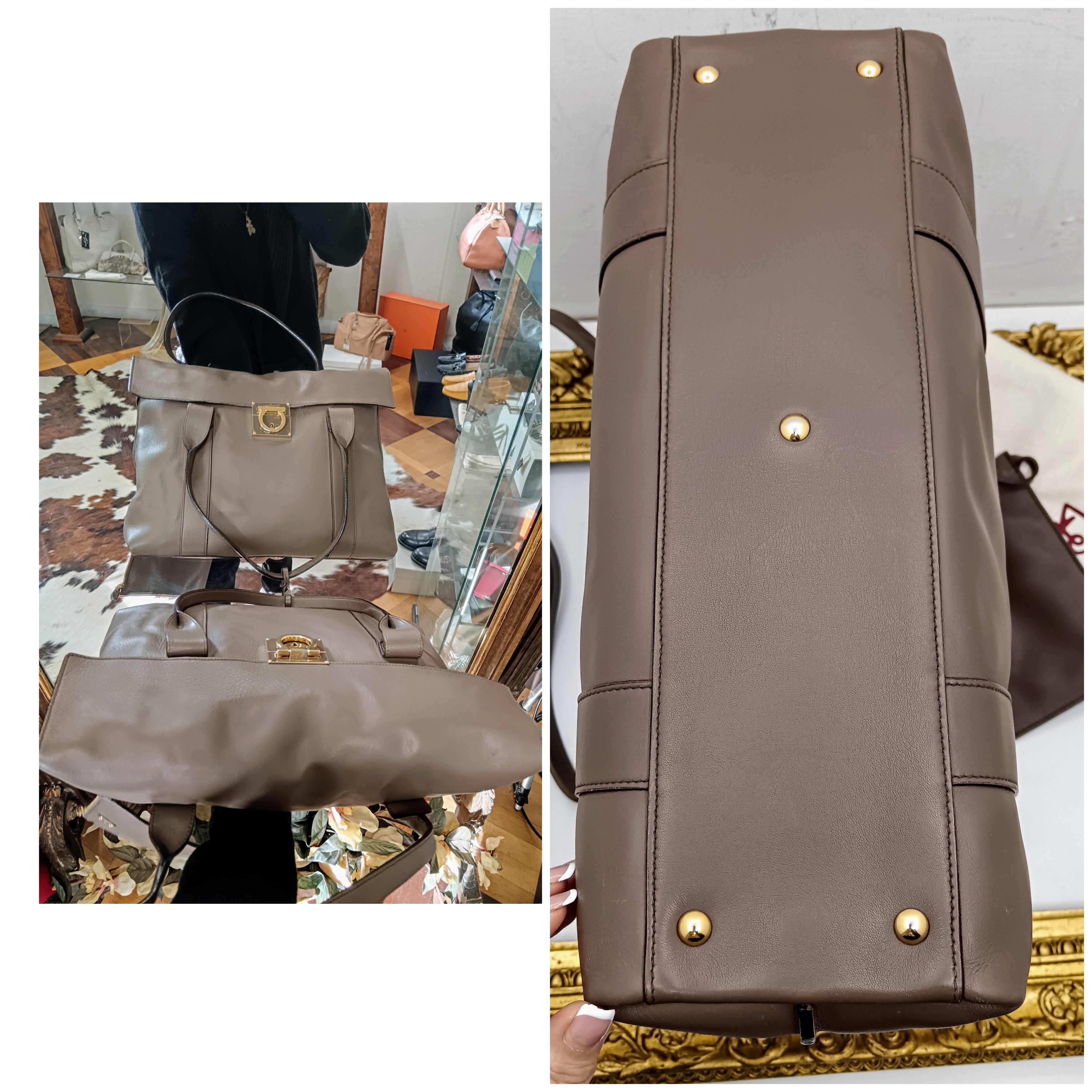 Ferragamo Salvatore– Borsa Shopper Big Logo in Pelle Liscia Tortora con Pochette