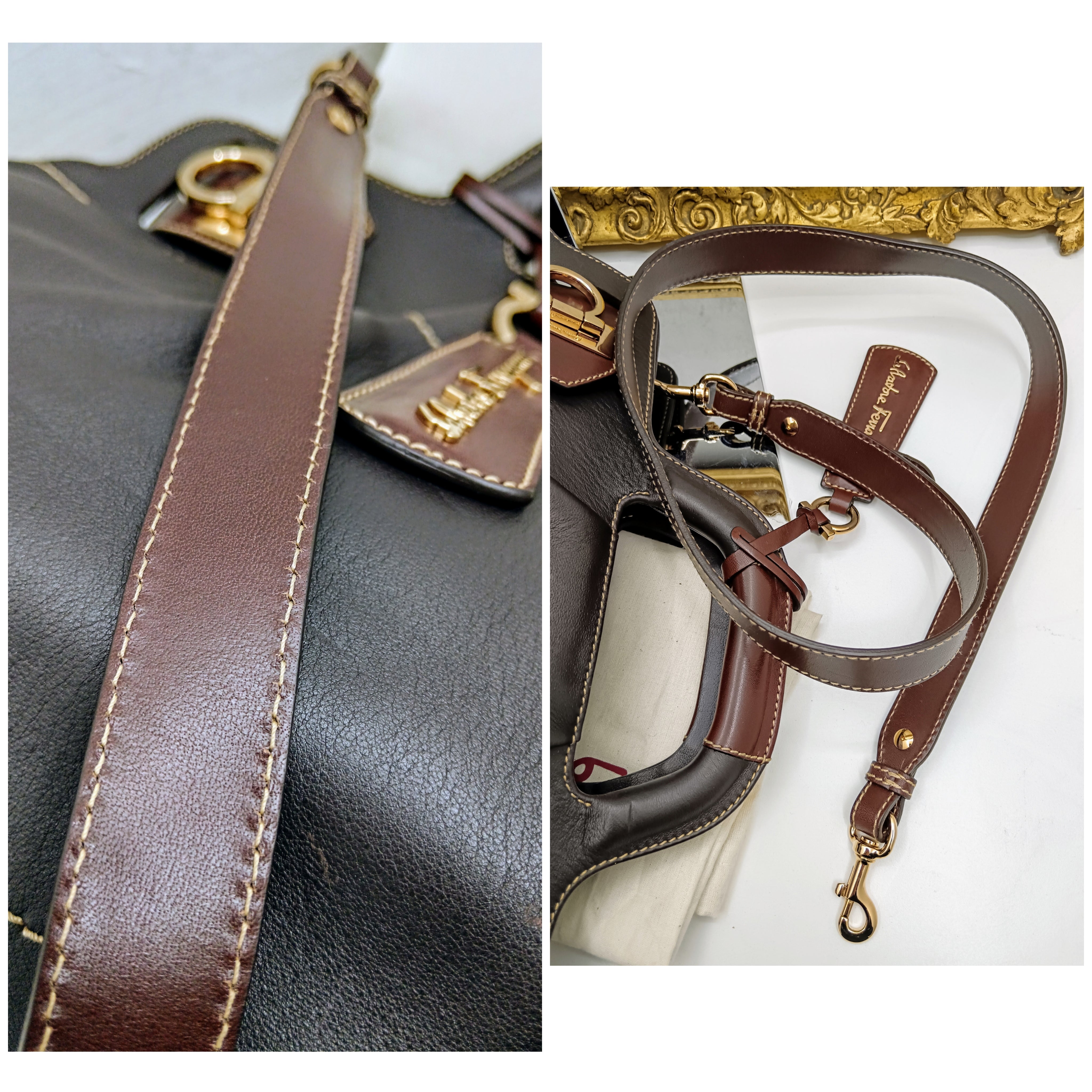 Ferragamo Salvatore – Borsa Shopper Gancini Pelle Marrone con Tracolla