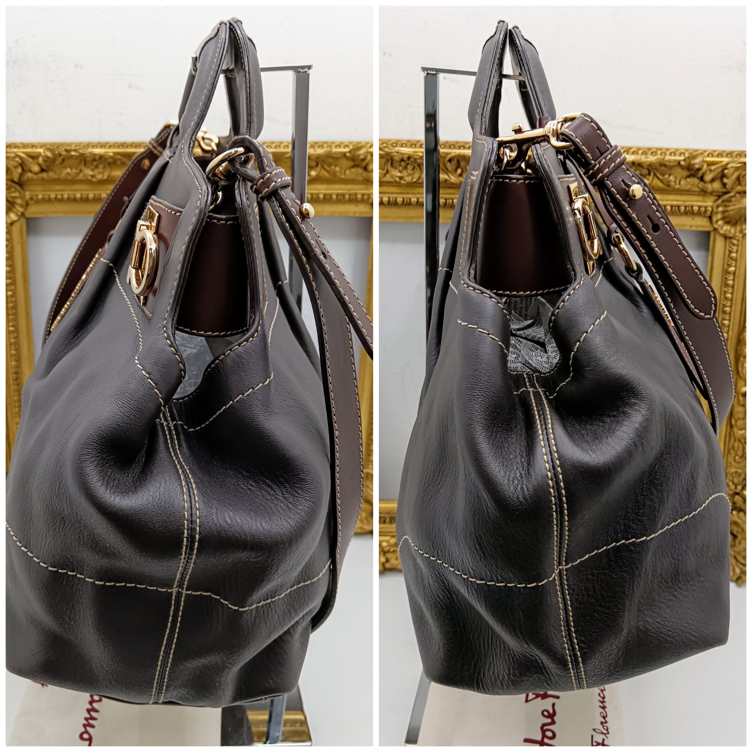 Ferragamo Salvatore – Borsa Shopper Gancini Pelle Marrone con Tracolla