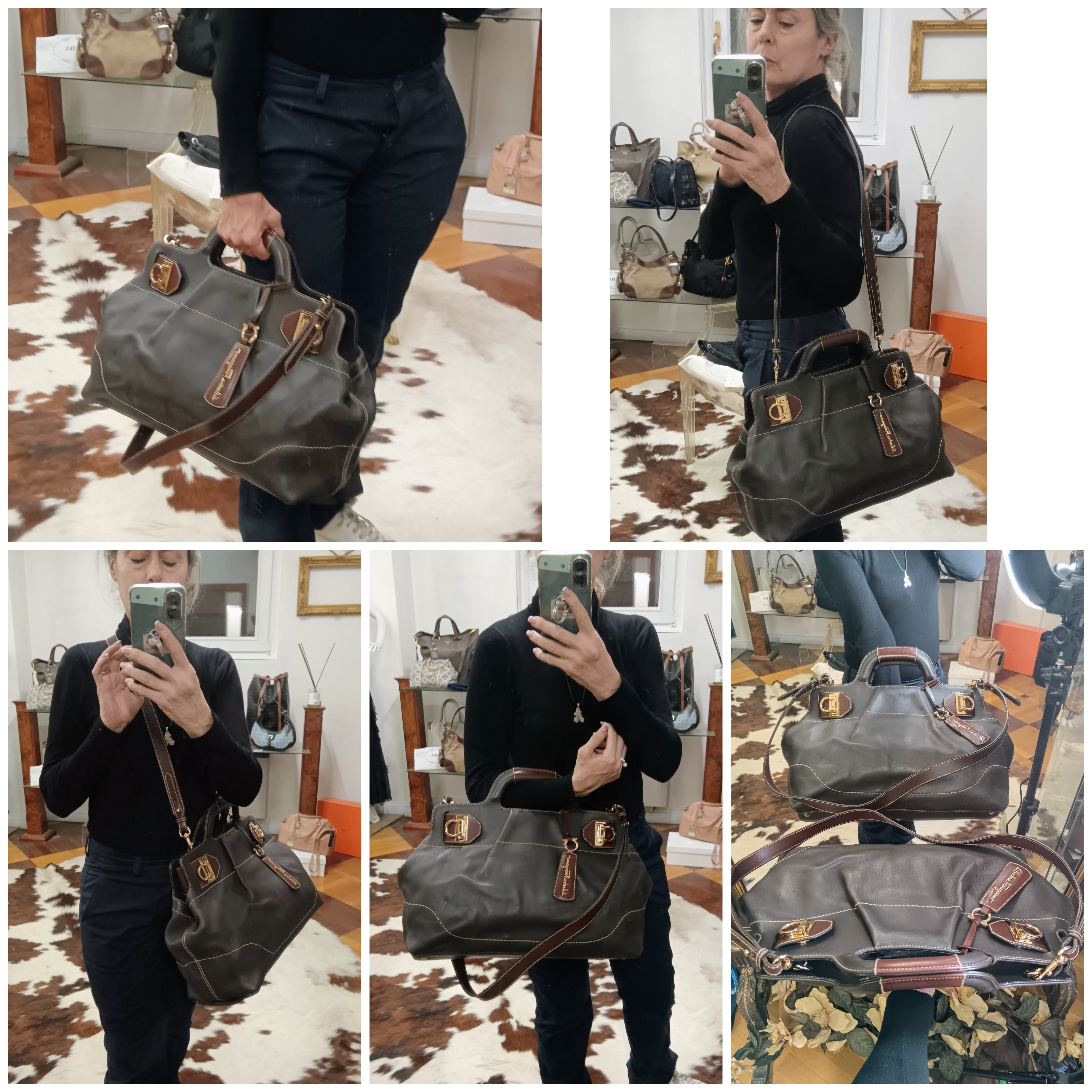 Ferragamo Salvatore – Borsa Shopper Gancini Pelle Marrone con Tracolla