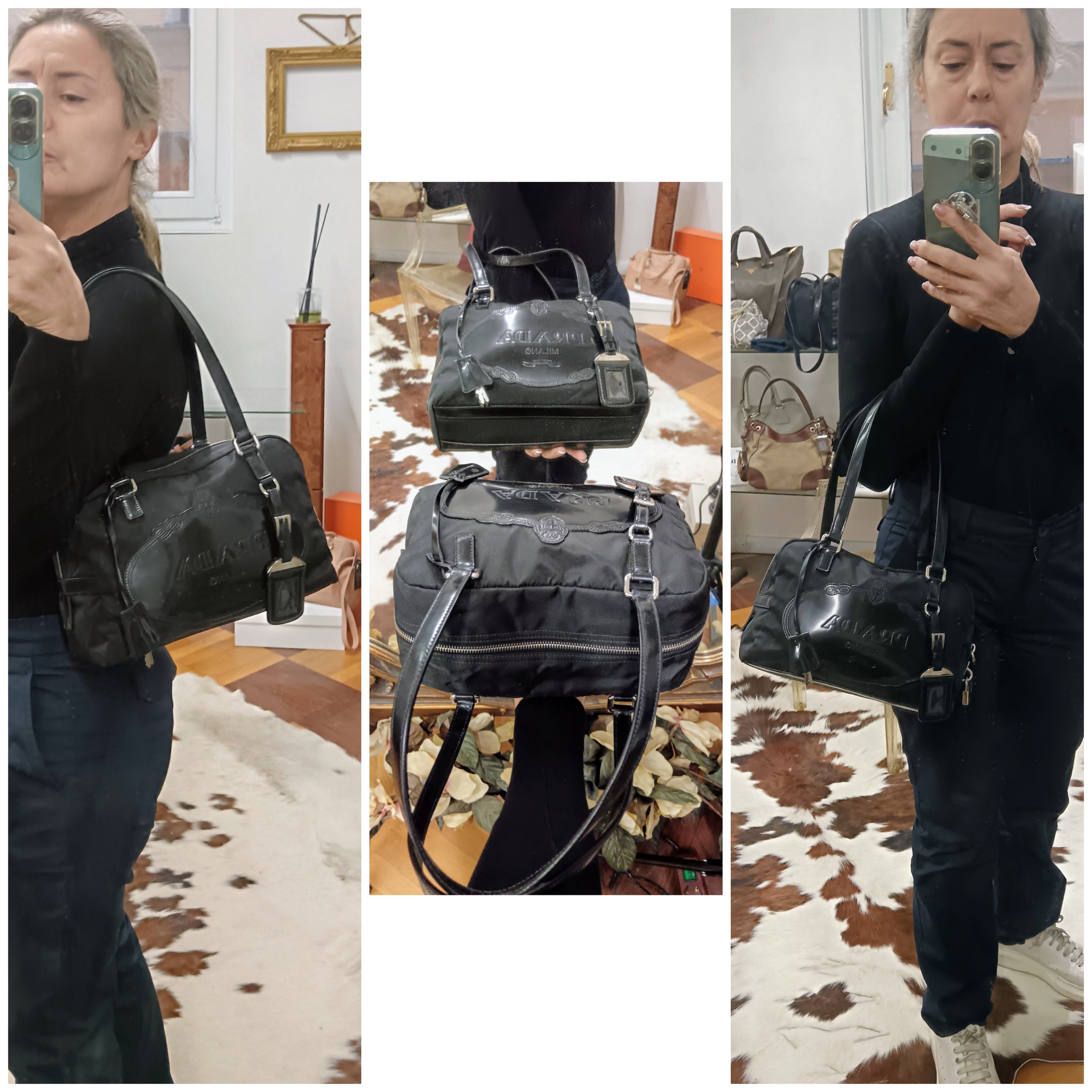 Prada – Bauletto Tote Bag Logo Jacquard Vernice e Nylon Nero