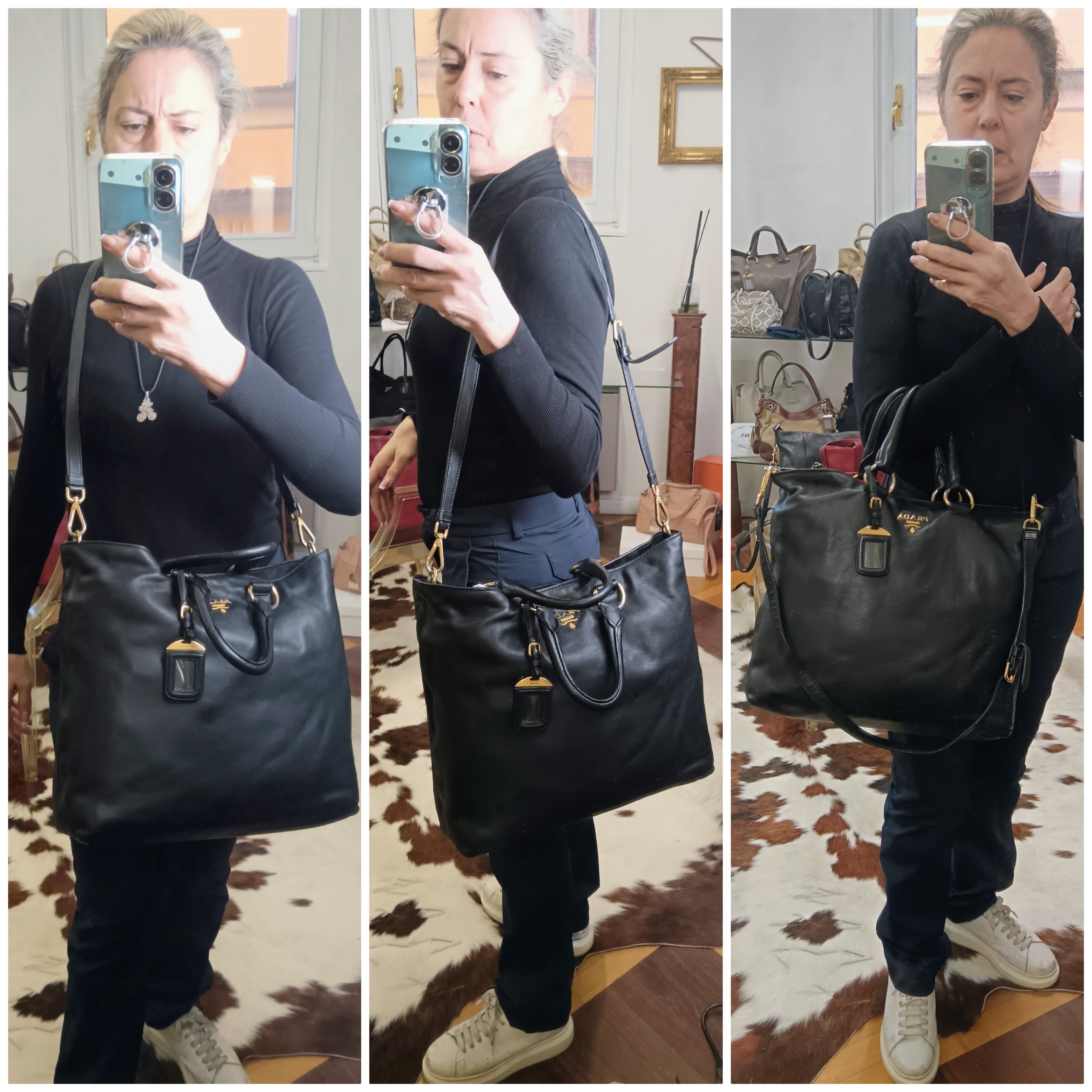Prada – Borsa Shopper Lettering a Spalla in Pelle Nera con tracolla