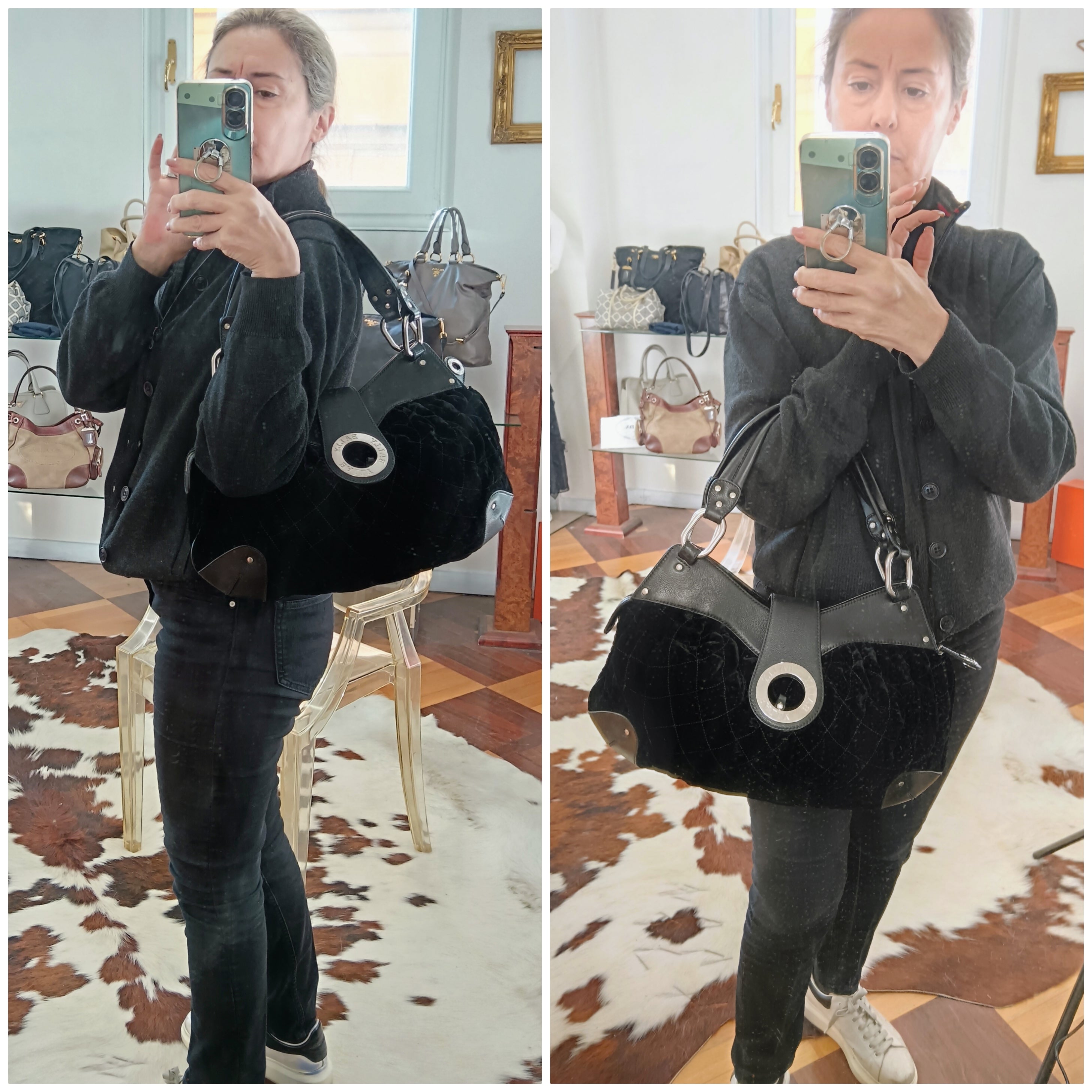 Bally – Borsa a Spalla in Pelle e Velluto Nero Pregiato