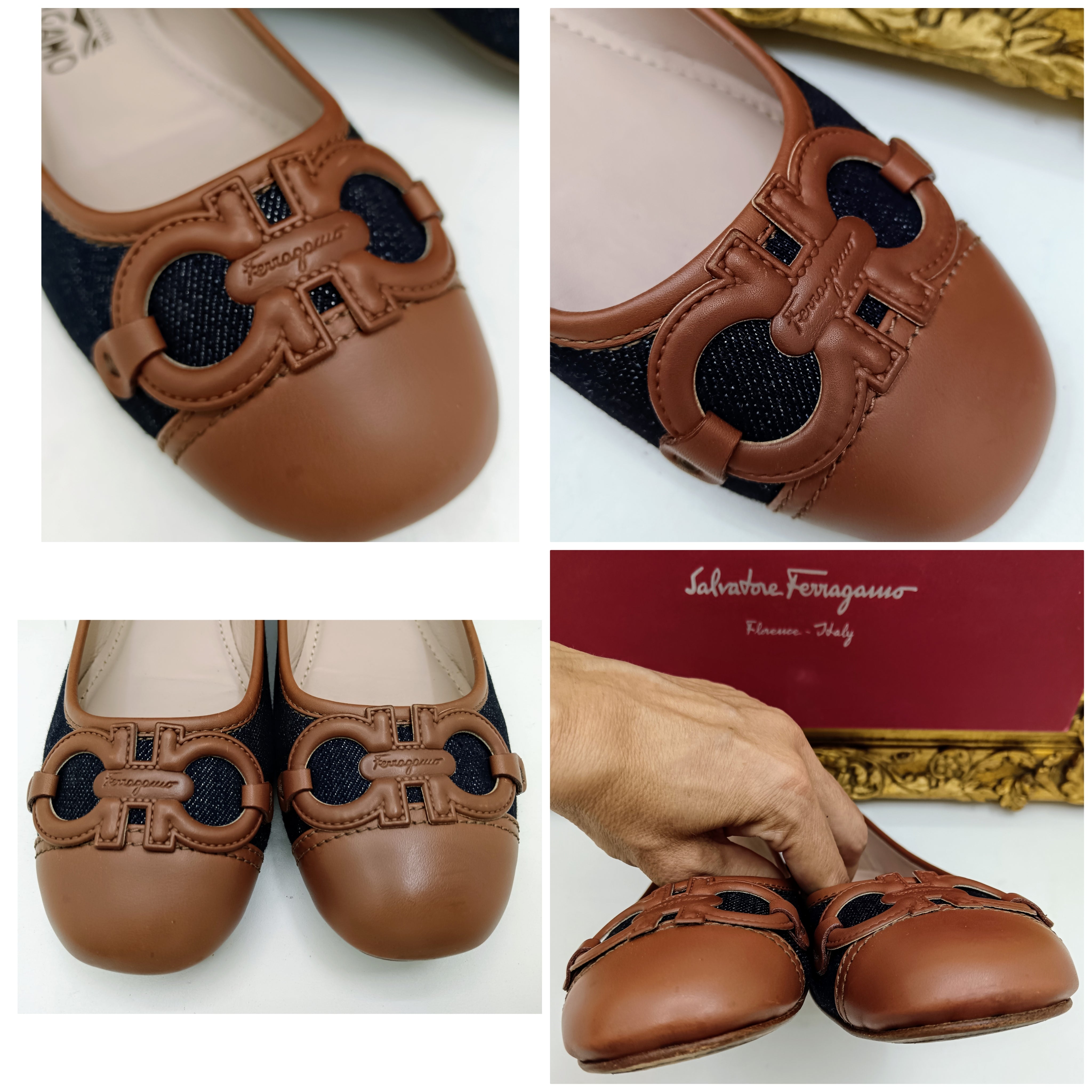 Salvatore Ferragamo – Ballerine Big Logo in Denim e Pelle Cognac – Full Set