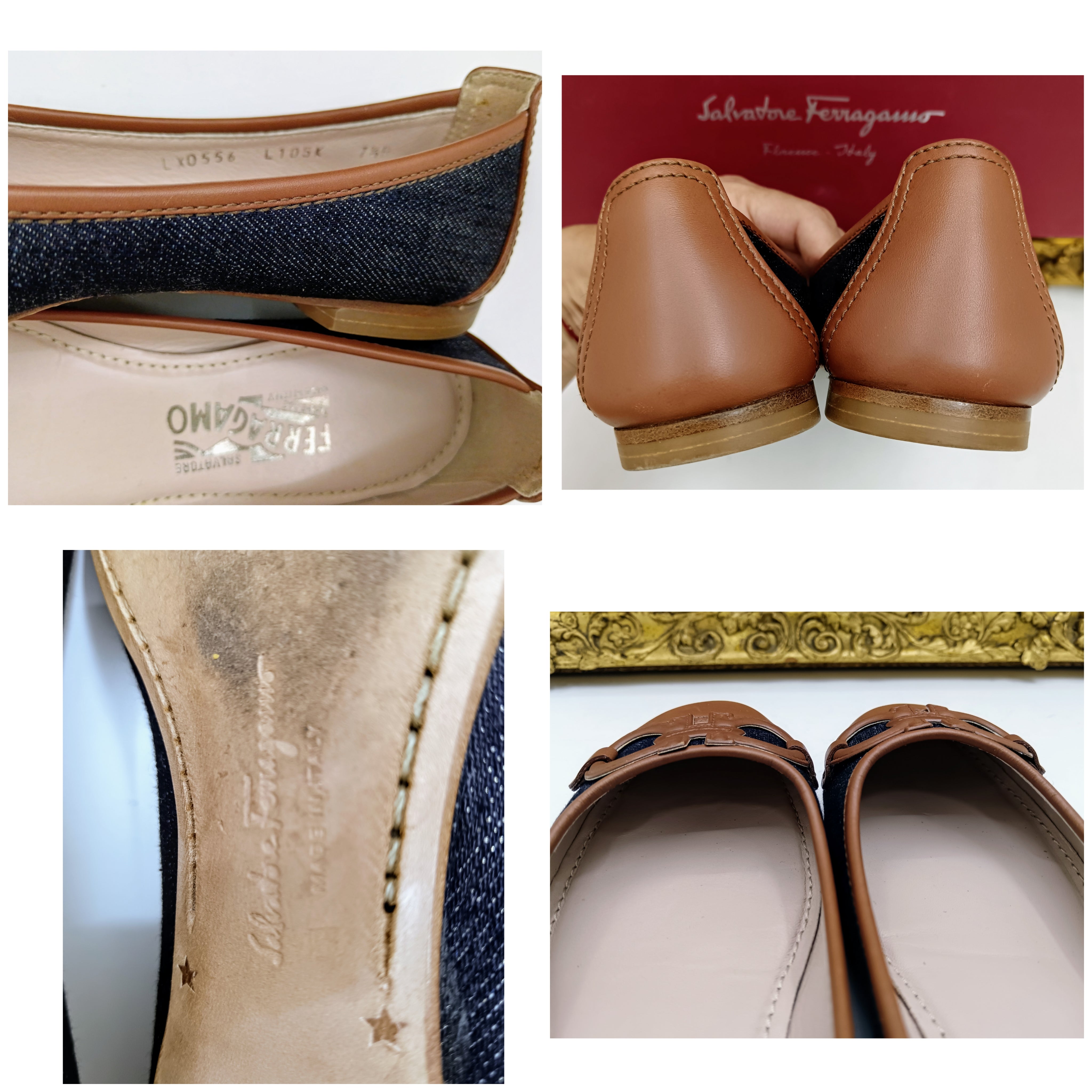 Salvatore Ferragamo – Ballerine Big Logo in Denim e Pelle Cognac – Full Set
