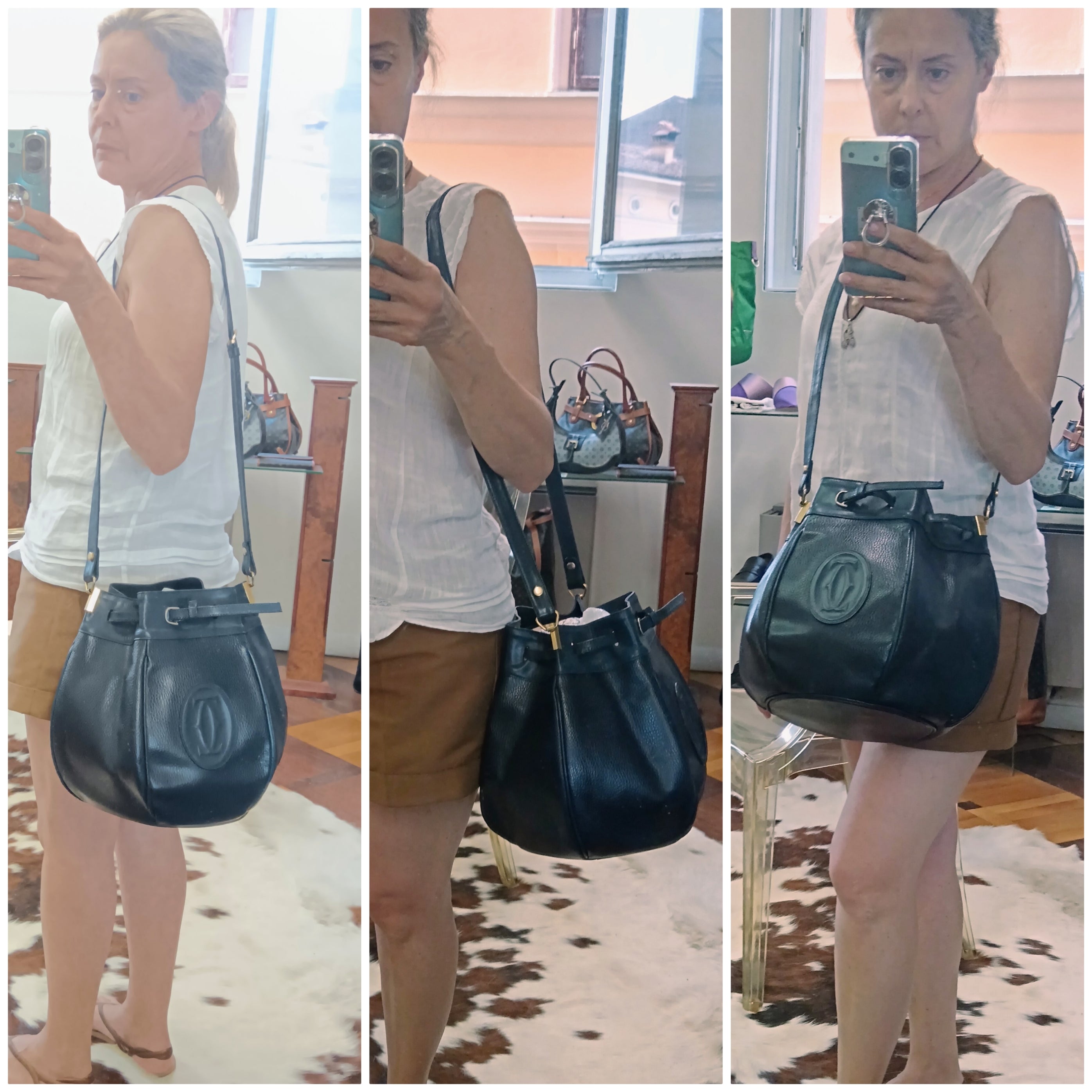 Cartier – Borsa a Secchiello Double-Face in Pelle Blu Vintage