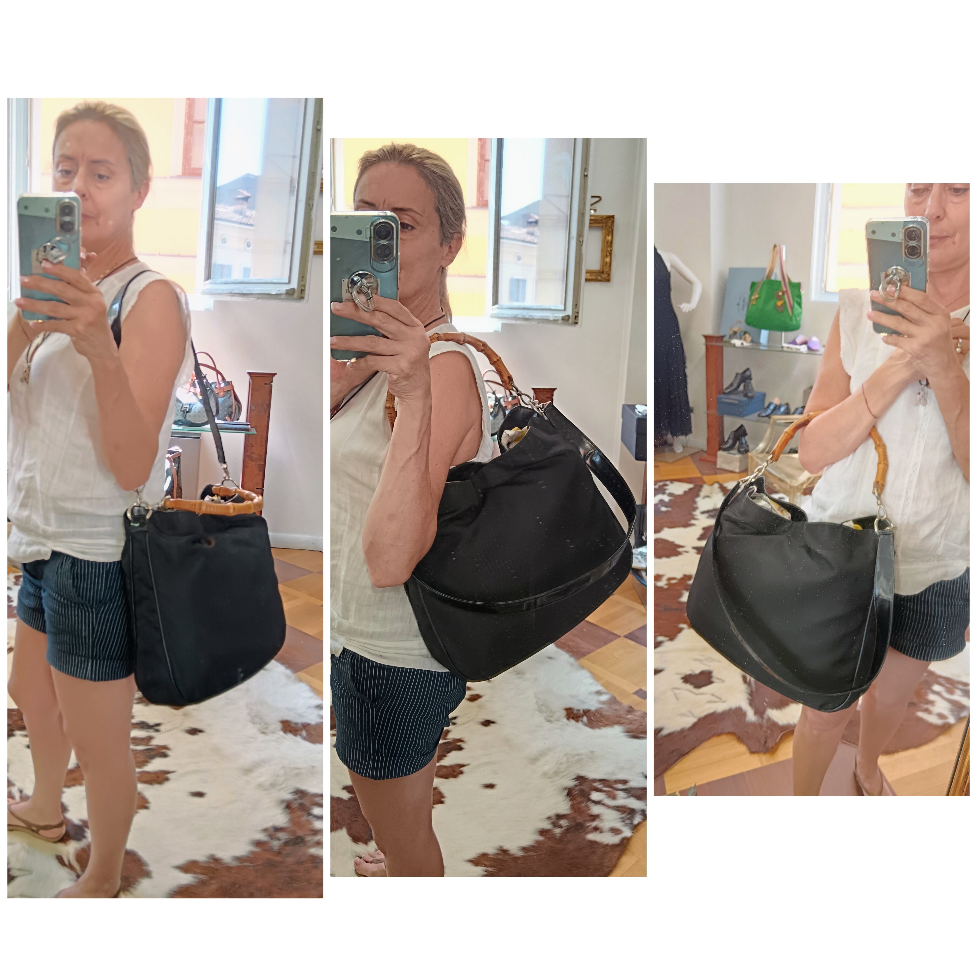 Gucci – Borsa a spalla Bamboo in tessuto e pelle nera Vintage