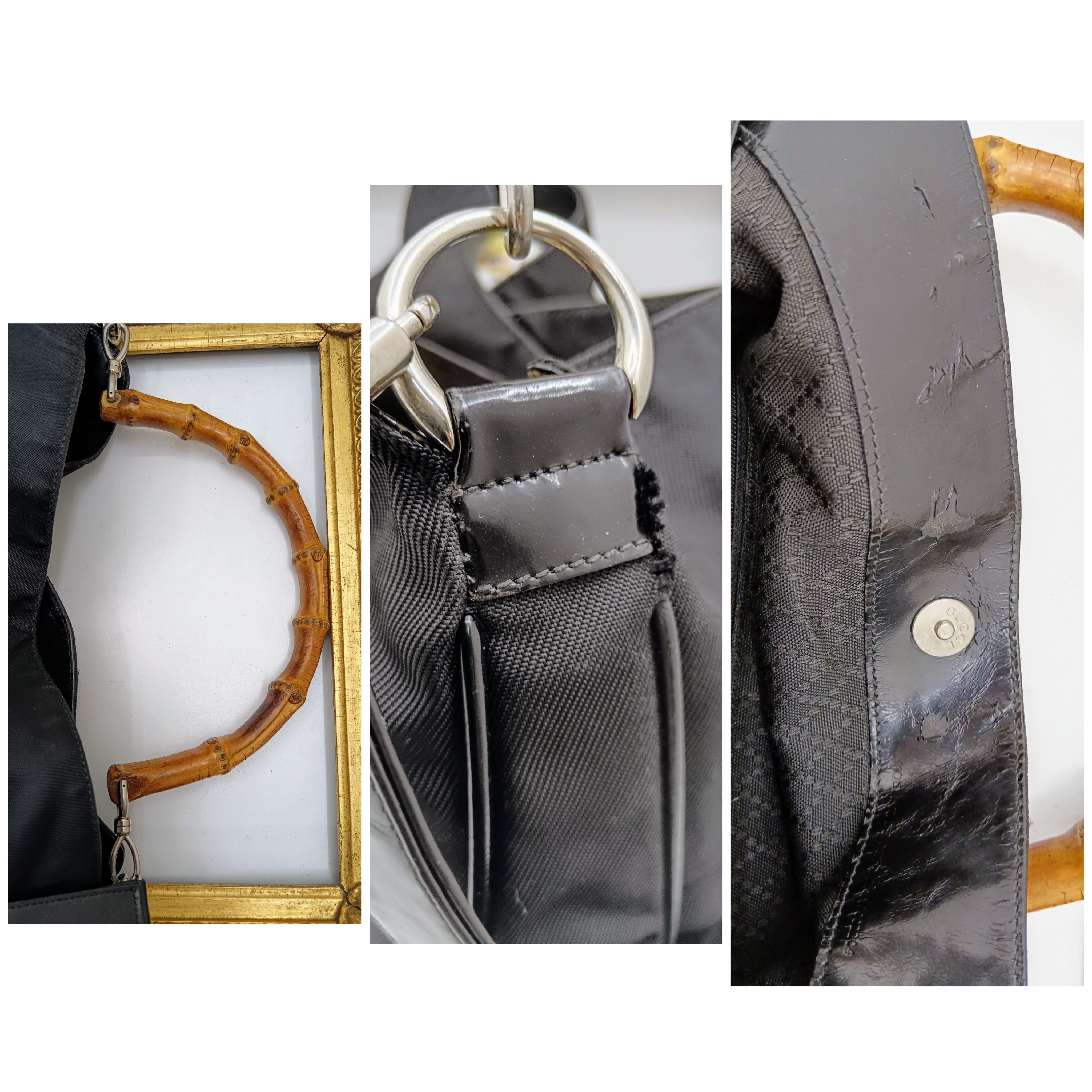 Gucci – Borsa a spalla Bamboo in tessuto e pelle nera Vintage