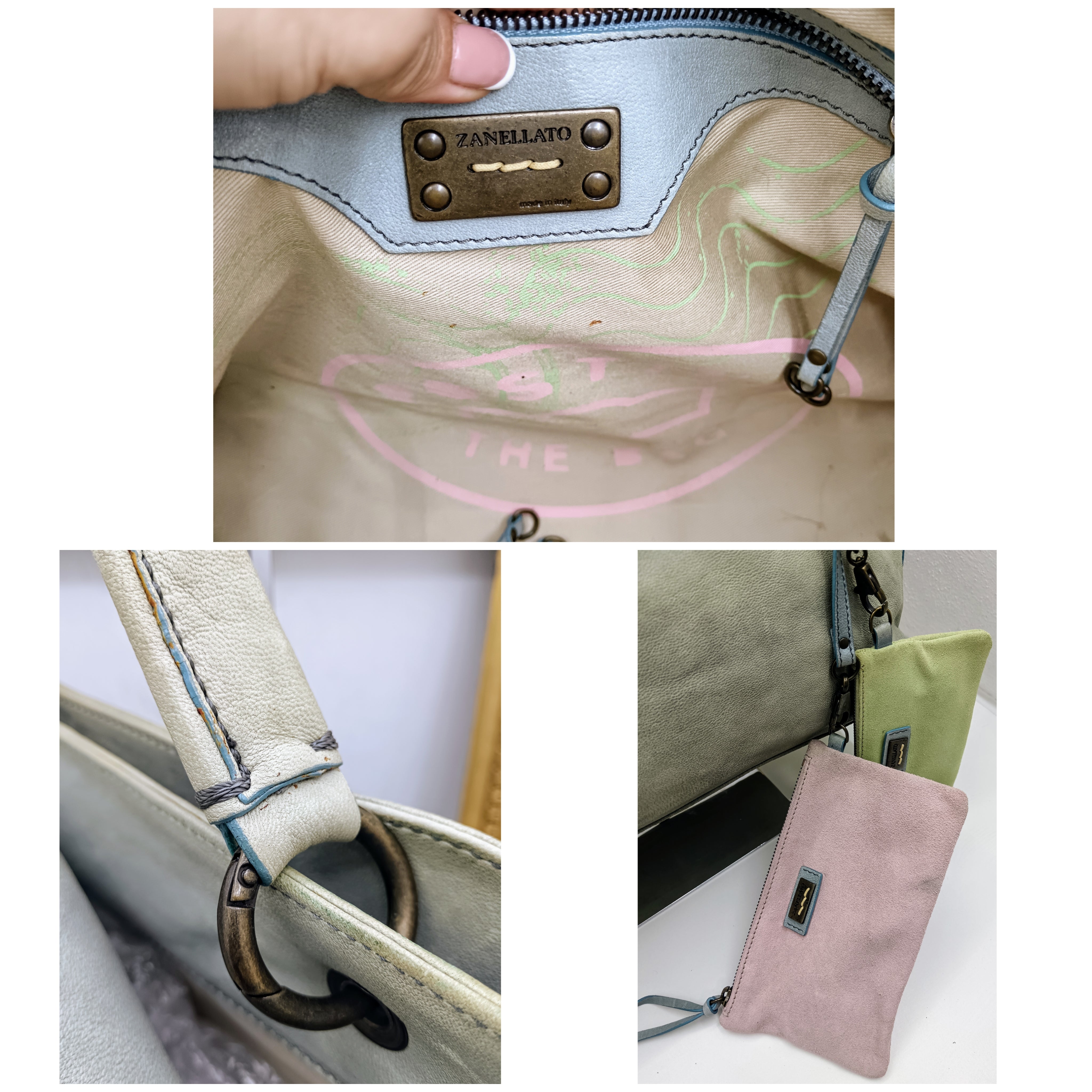 Zanellato – Postina Bag grande con 2 pochette in pelle nabuk azzurro vintage invecchiato