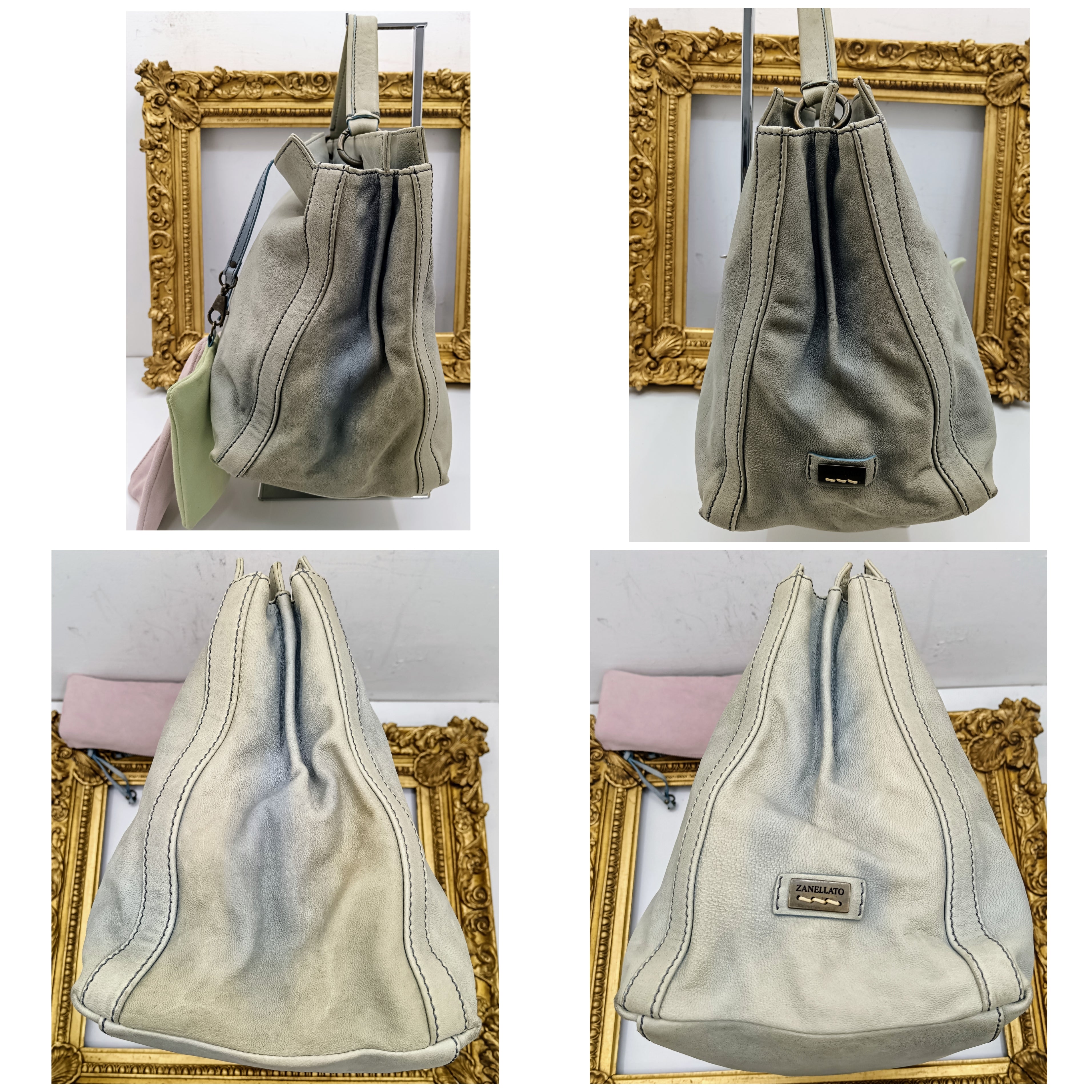 Zanellato – Postina Bag grande con 2 pochette in pelle nabuk azzurro vintage invecchiato