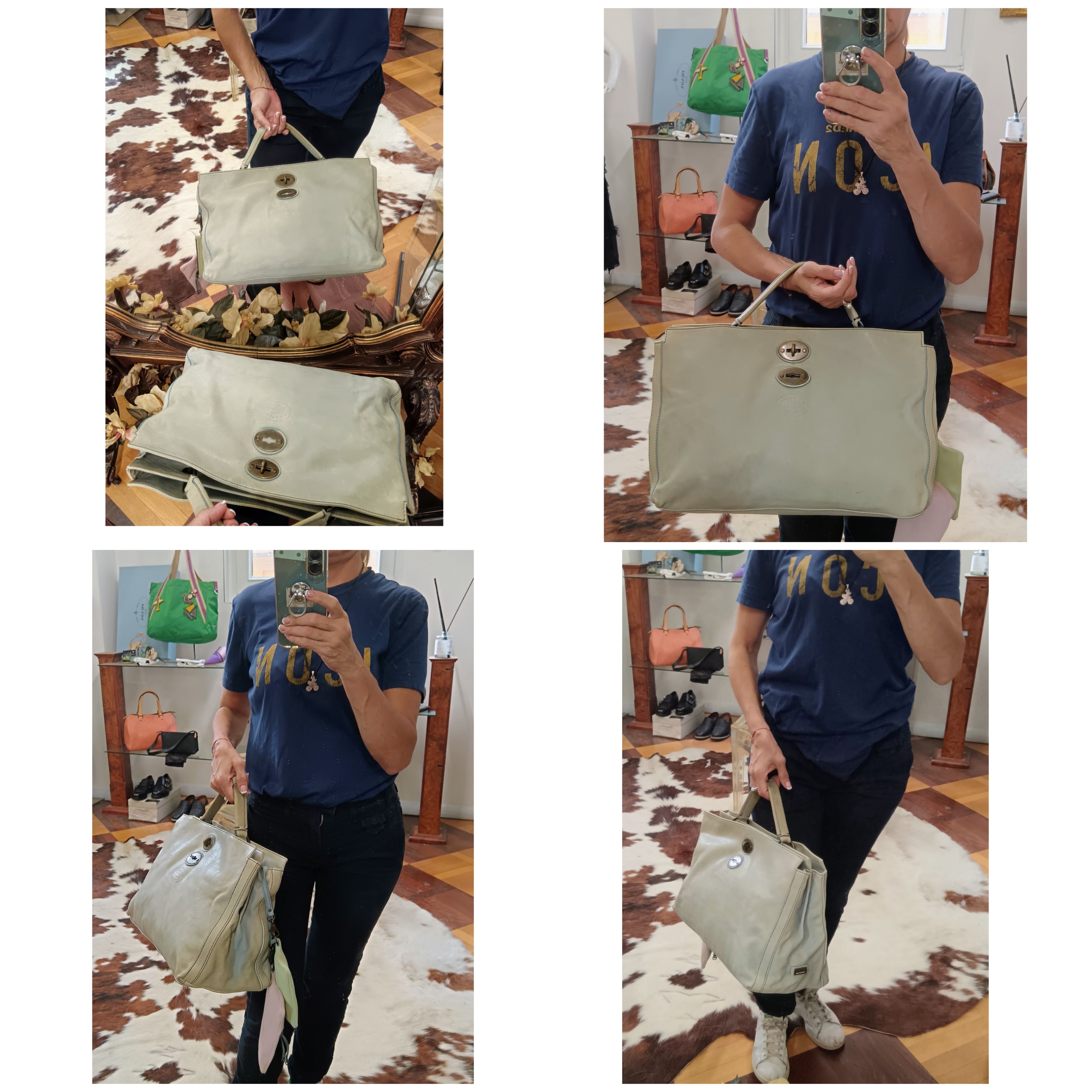 Zanellato – Postina Bag grande con 2 pochette in pelle nabuk azzurro vintage invecchiato