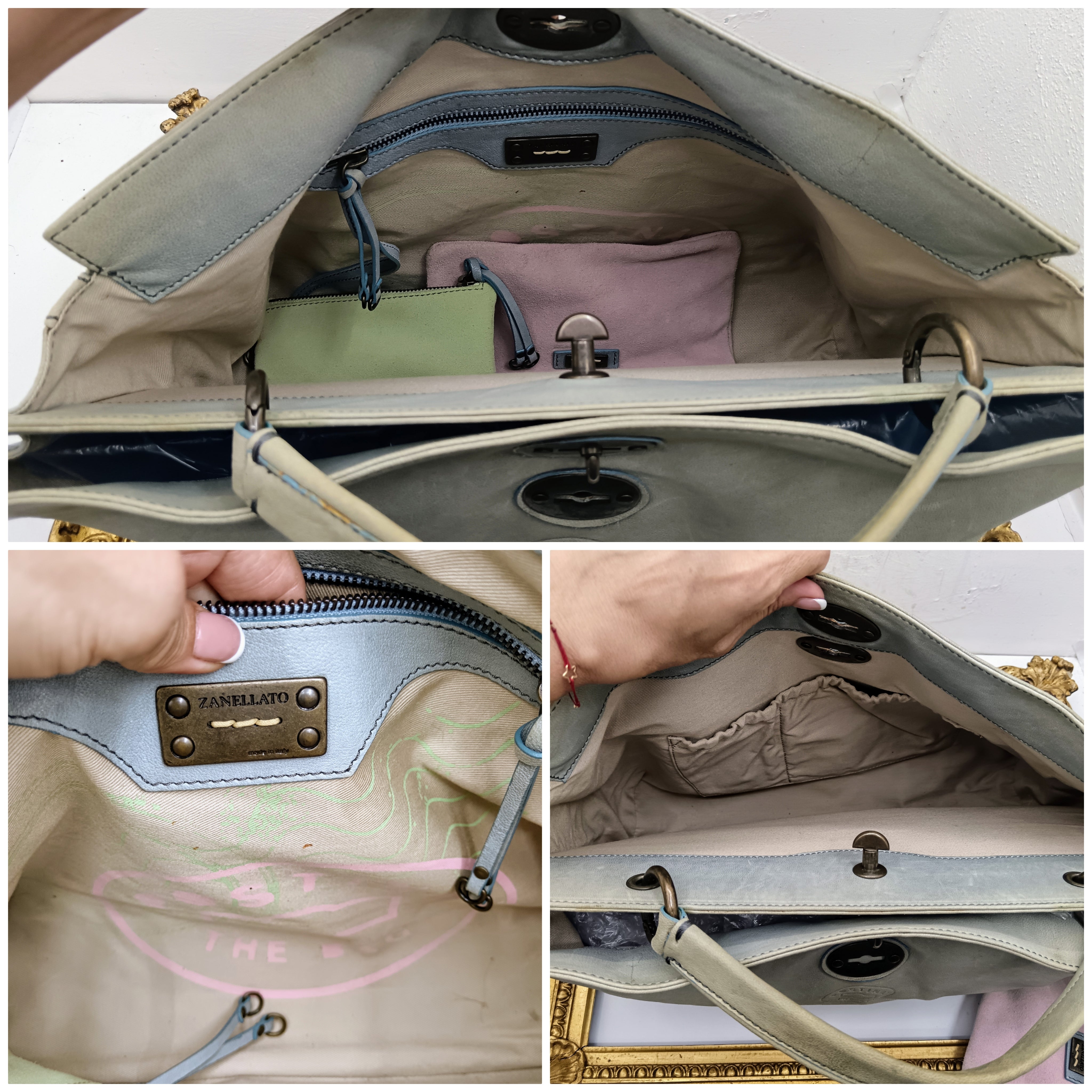 Zanellato – Postina Bag grande con 2 pochette in pelle nabuk azzurro vintage invecchiato