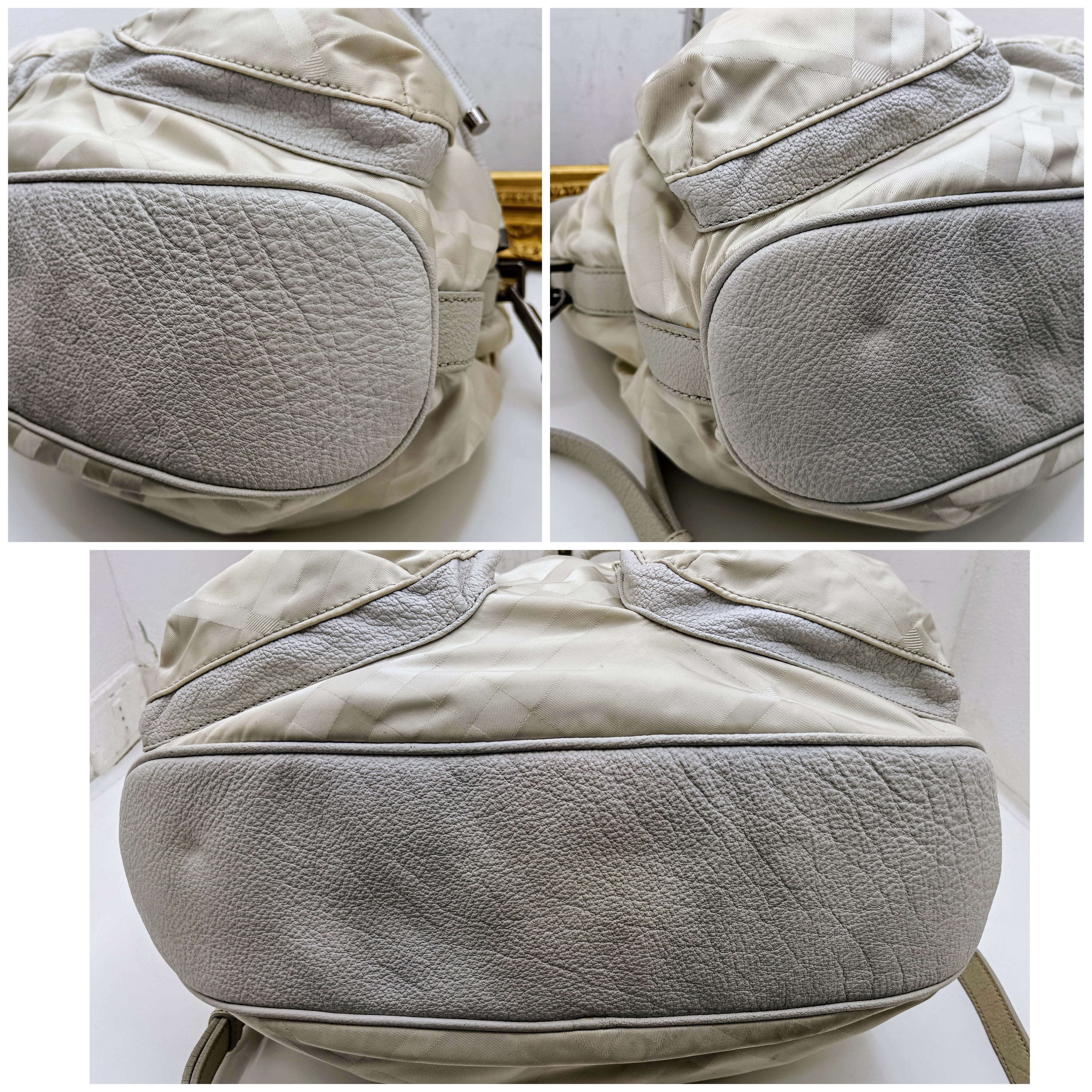 Burberry – Borsa secchiello a spalla in pelle e tessuto check grigio chiaro