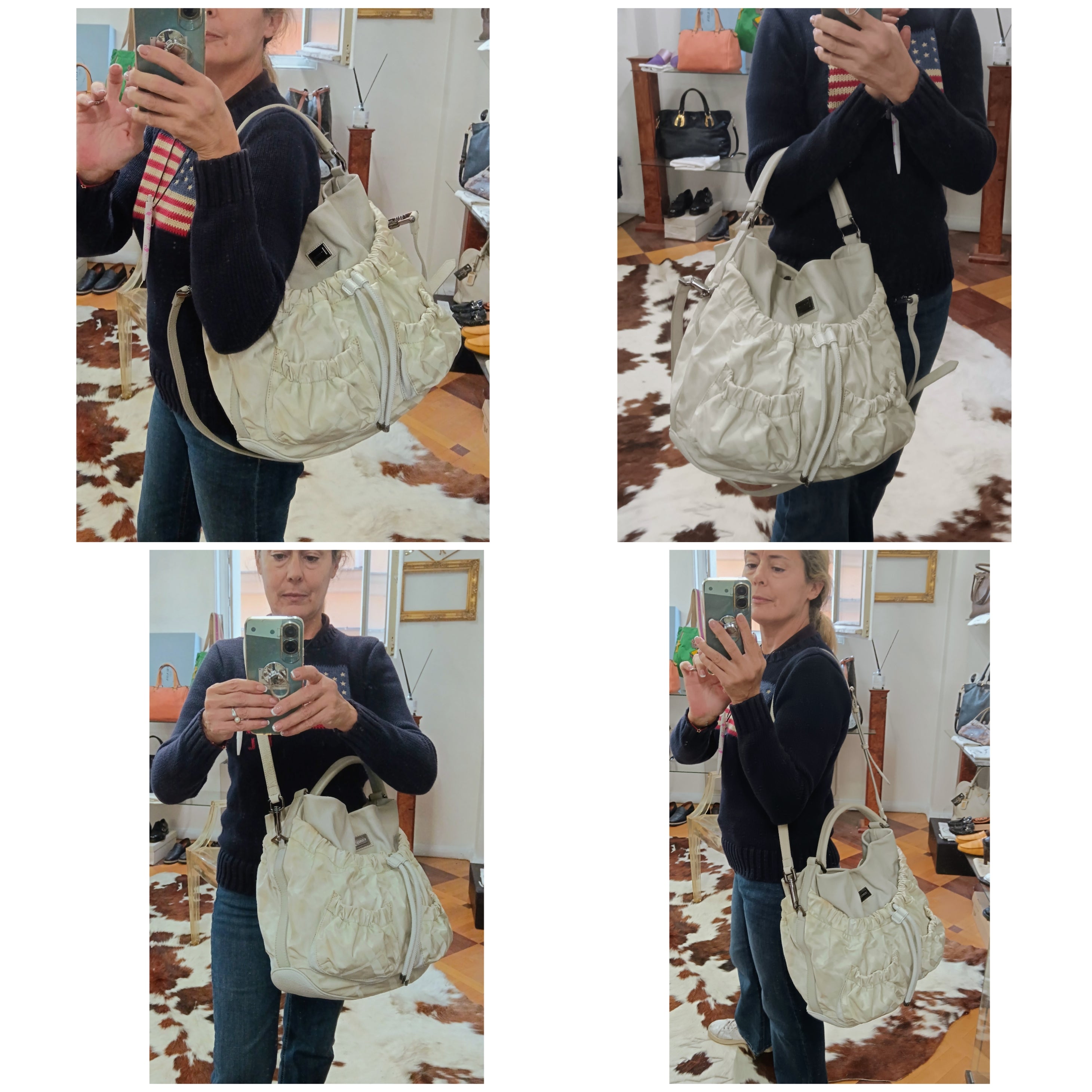 Burberry – Borsa secchiello a spalla in pelle e tessuto check grigio chiaro