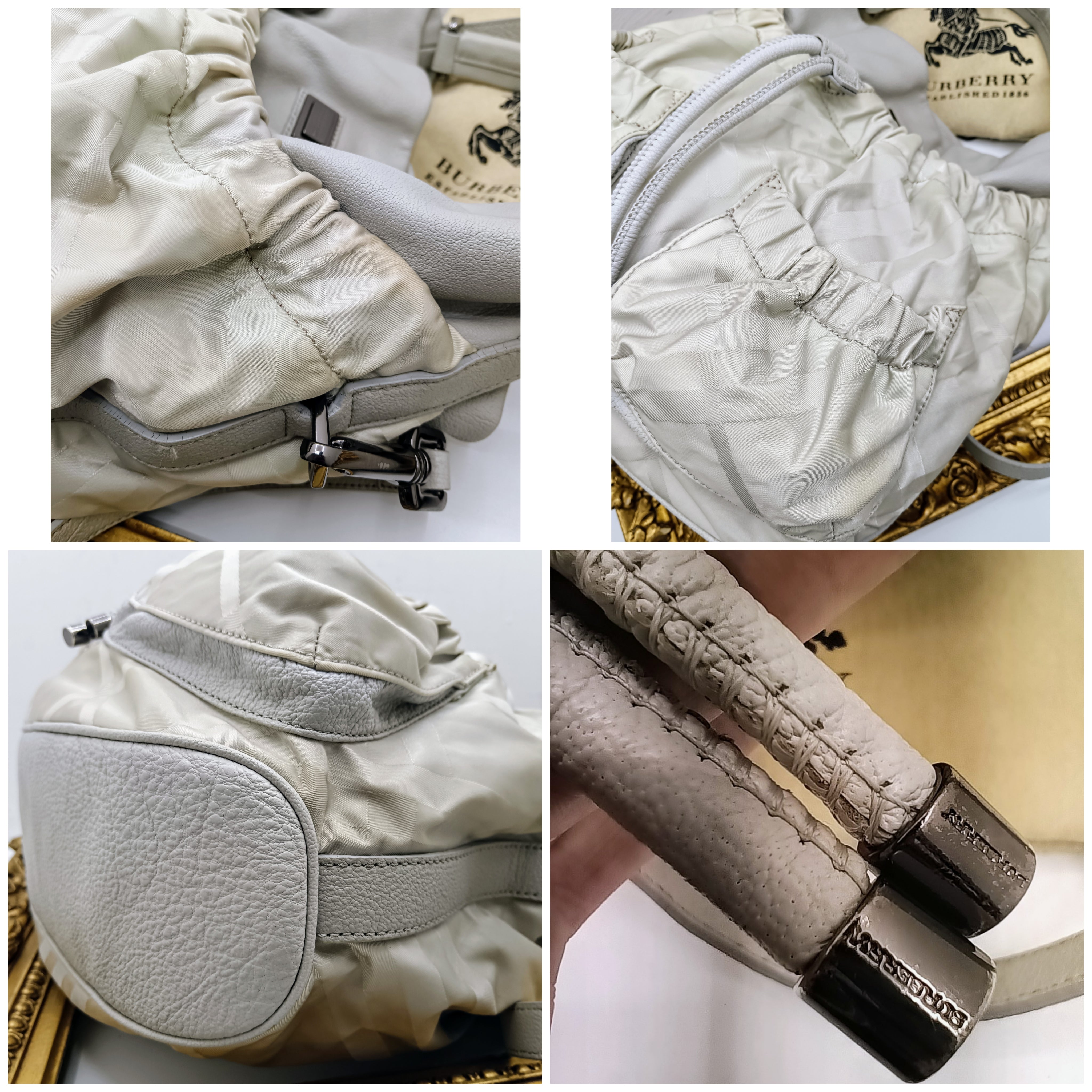 Burberry – Borsa secchiello a spalla in pelle e tessuto check grigio chiaro