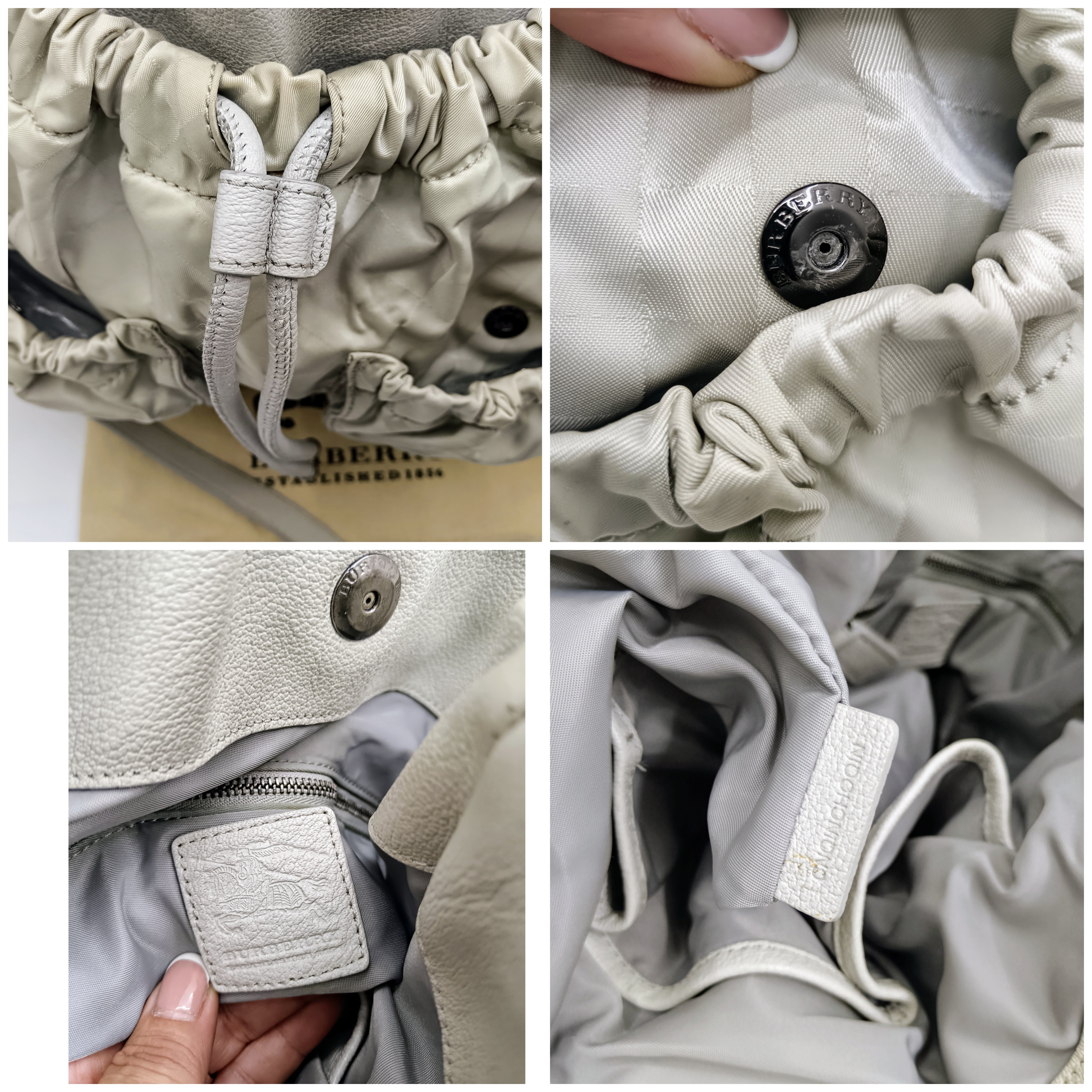 Burberry – Borsa secchiello a spalla in pelle e tessuto check grigio chiaro