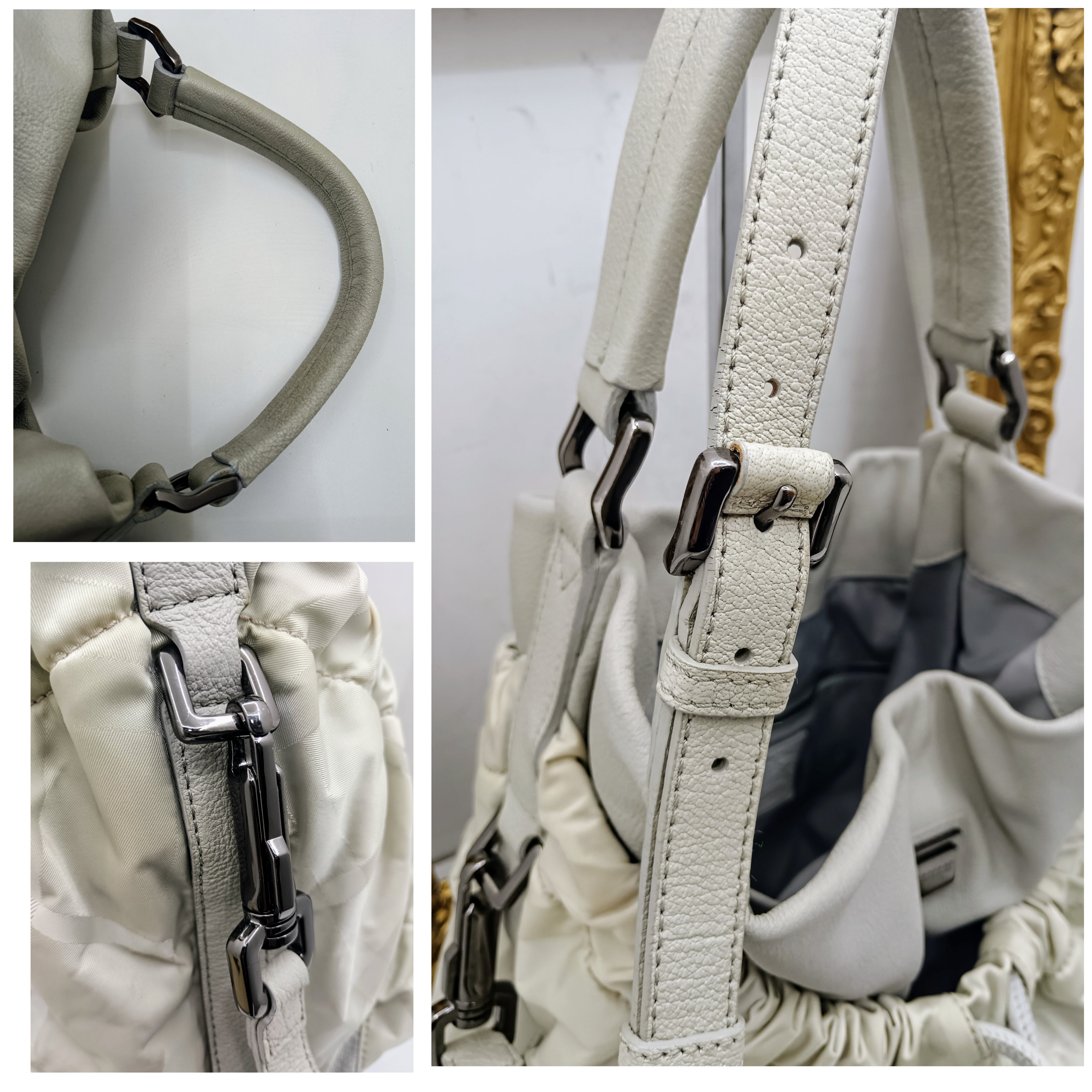 Burberry – Borsa secchiello a spalla in pelle e tessuto check grigio chiaro
