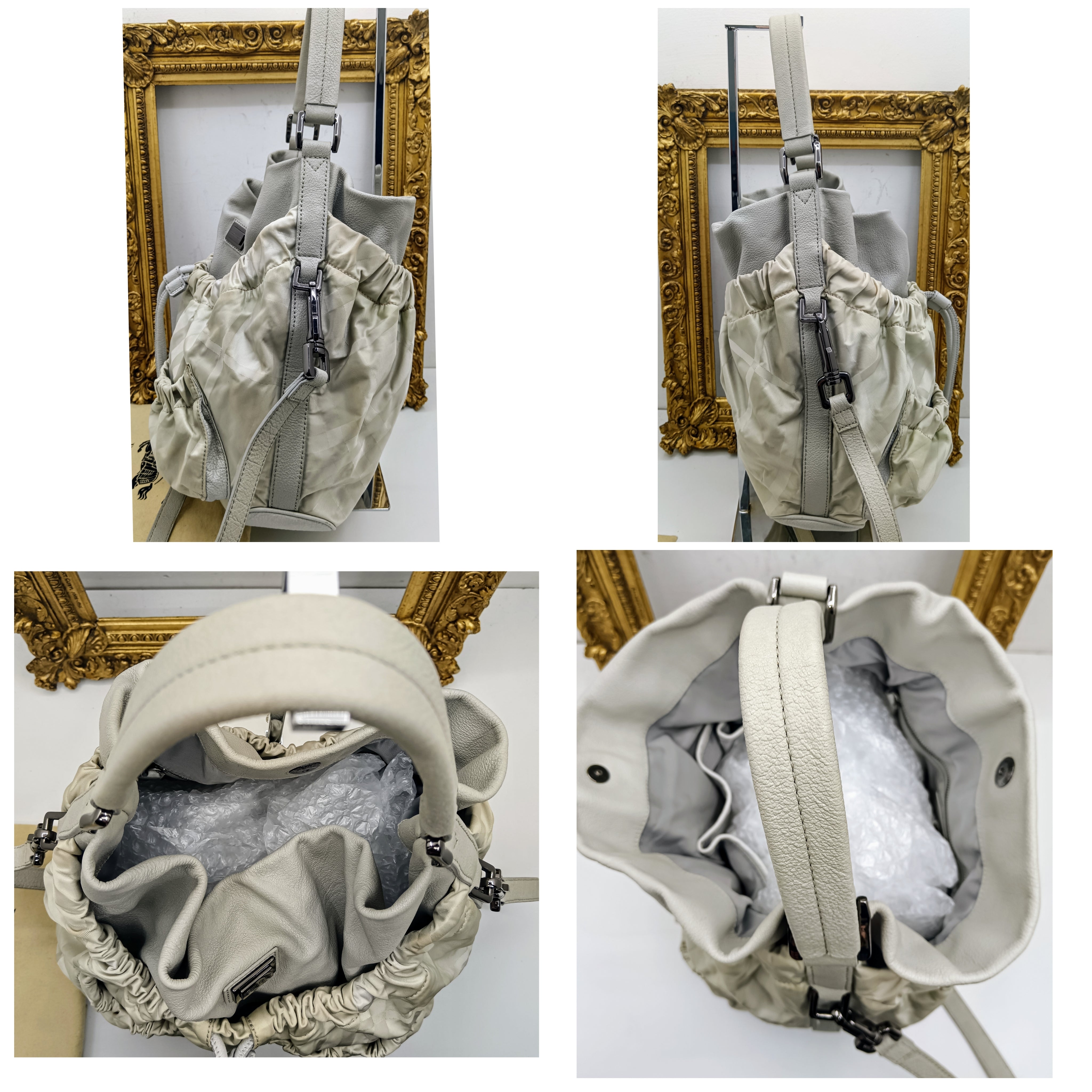 Burberry – Borsa secchiello a spalla in pelle e tessuto check grigio chiaro