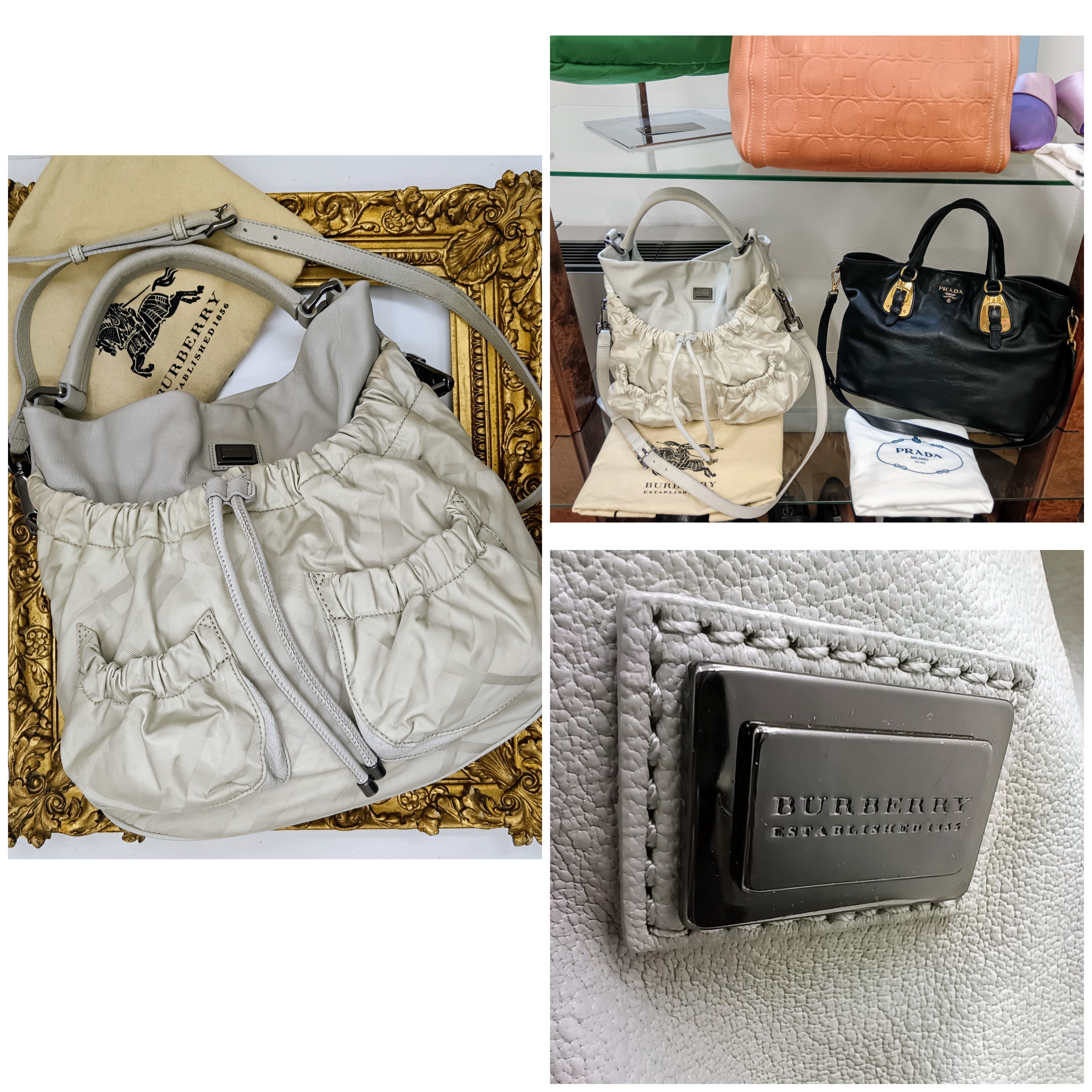 Burberry – Borsa secchiello a spalla in pelle e tessuto check grigio chiaro