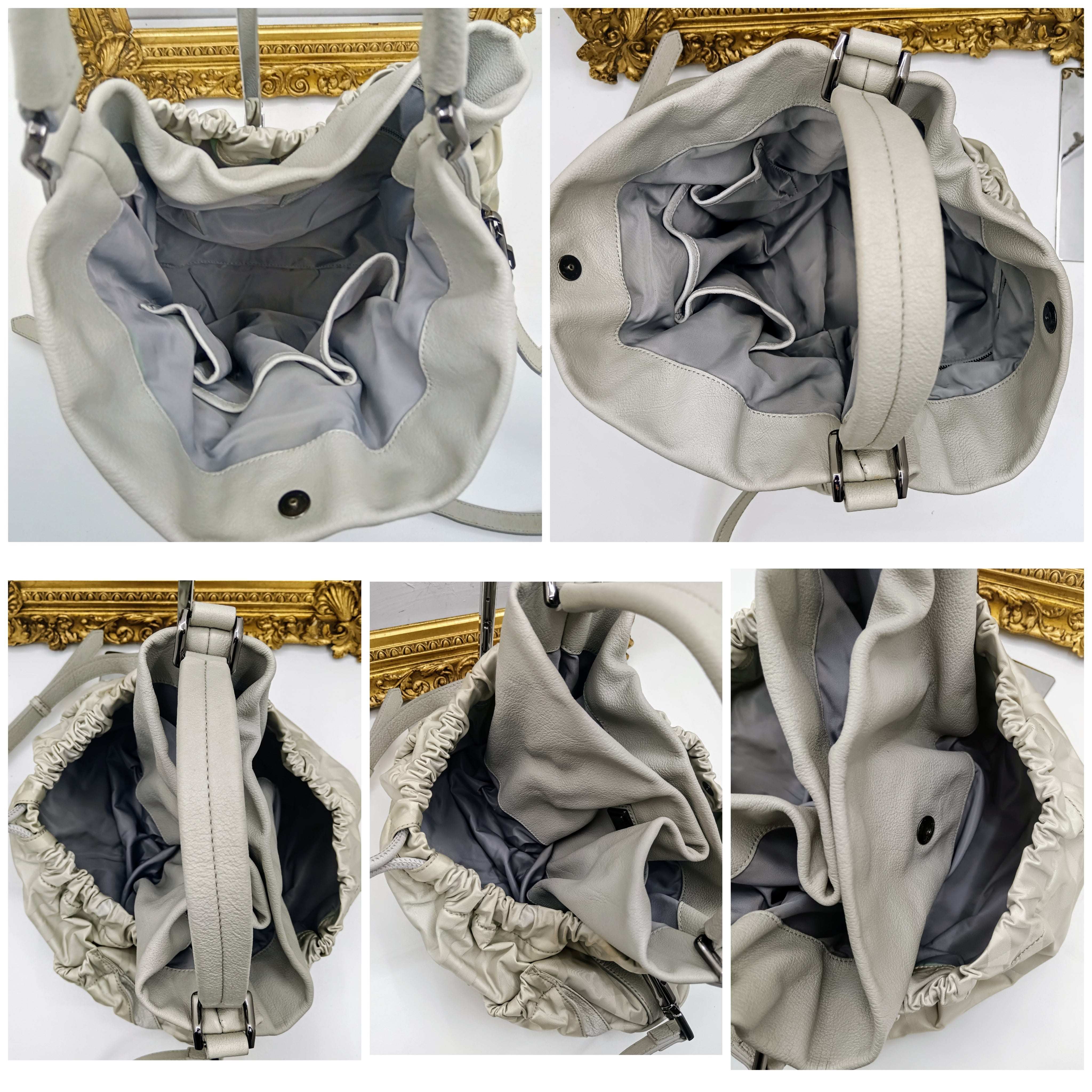 Burberry – Borsa secchiello a spalla in pelle e tessuto check grigio chiaro