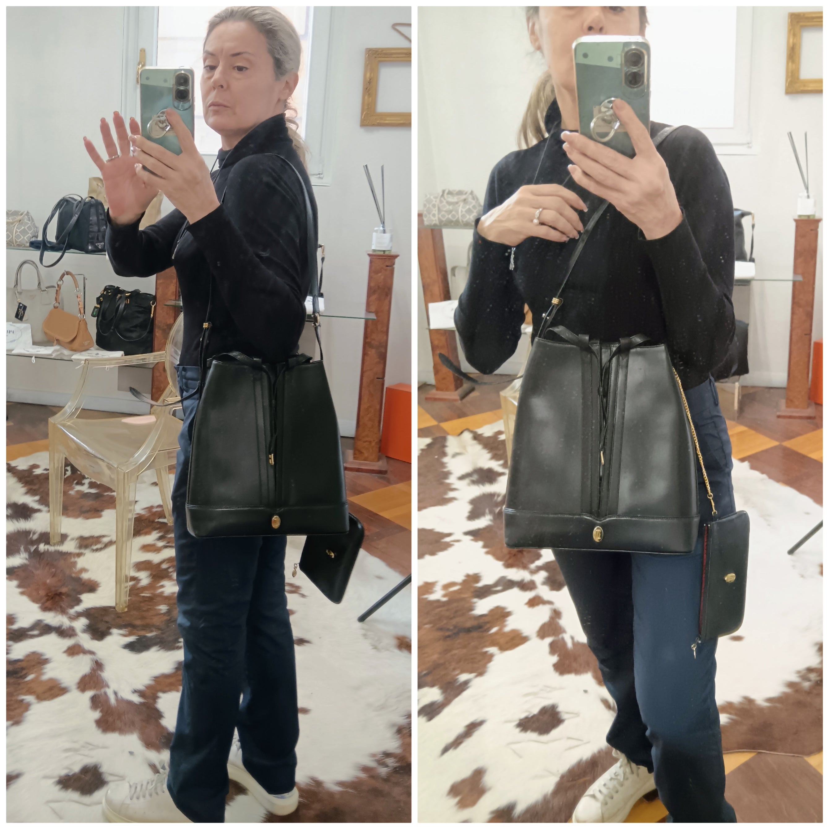 Cartier - Secchiello Ovale con Pochette Pelle Nera Vintage