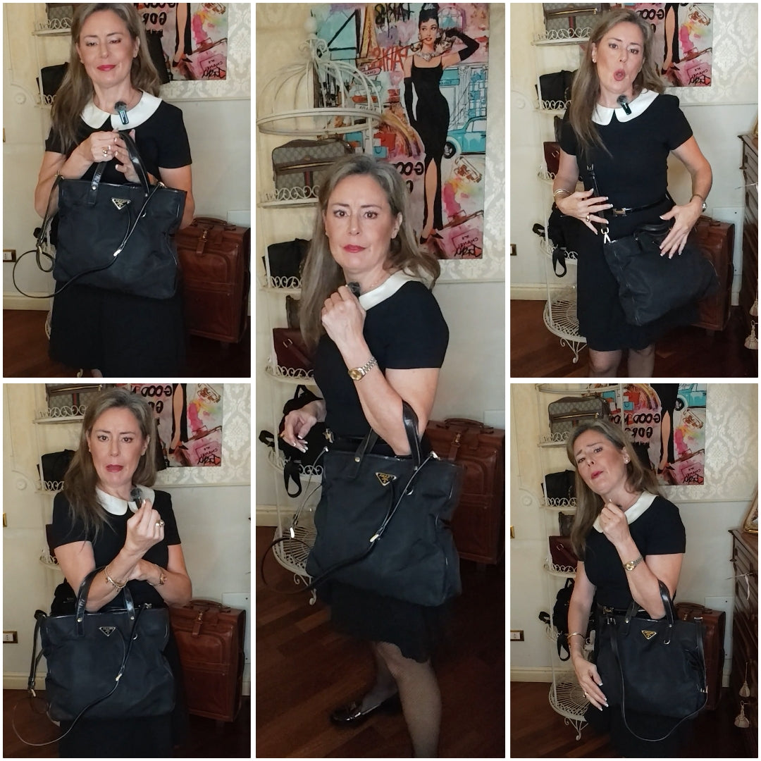 Prada - Borsa tote con tracolla in nylon e pelle nera lucida.