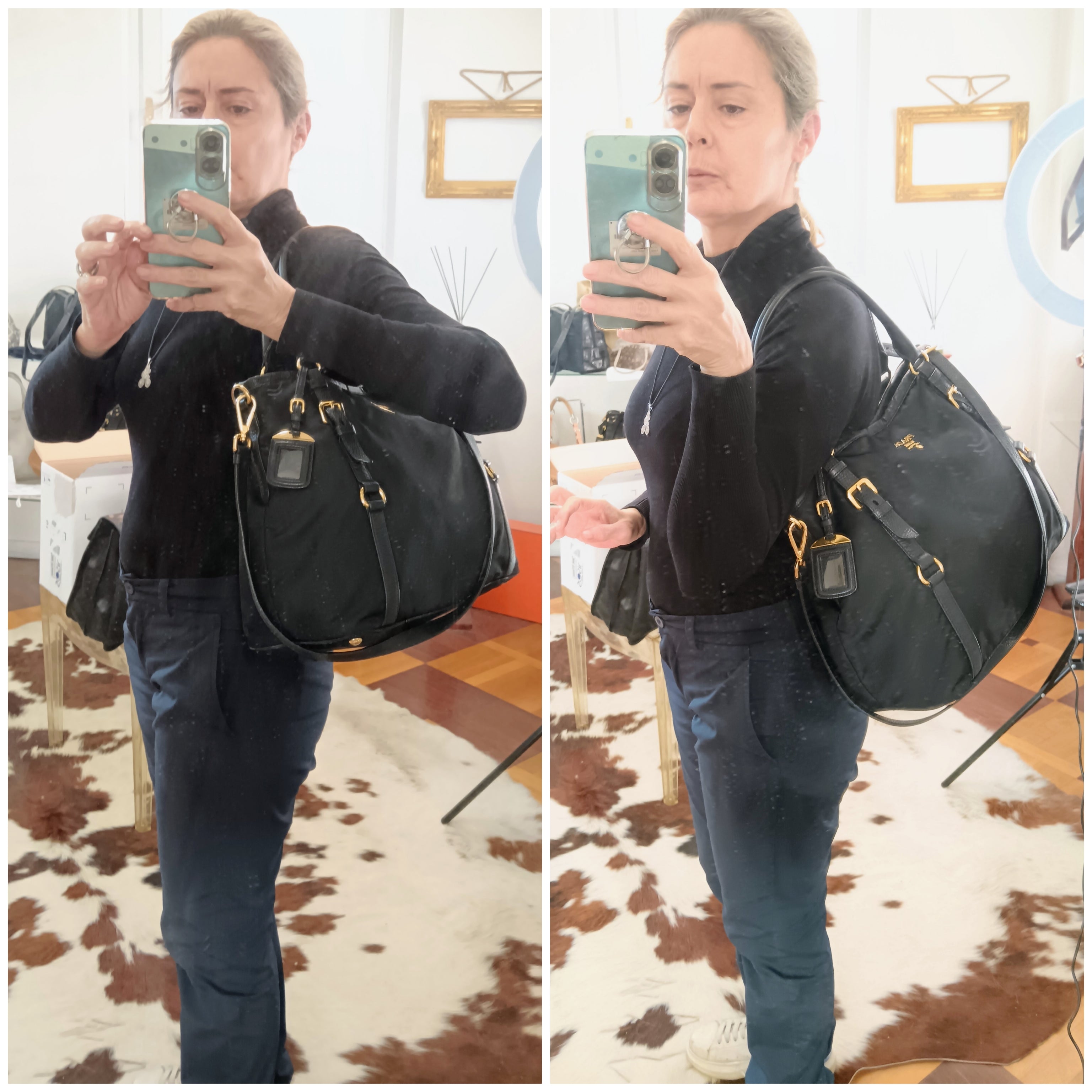 Prada - Shopper Re-Nylon e Pelle Nera Tracolla e fasce in pelle