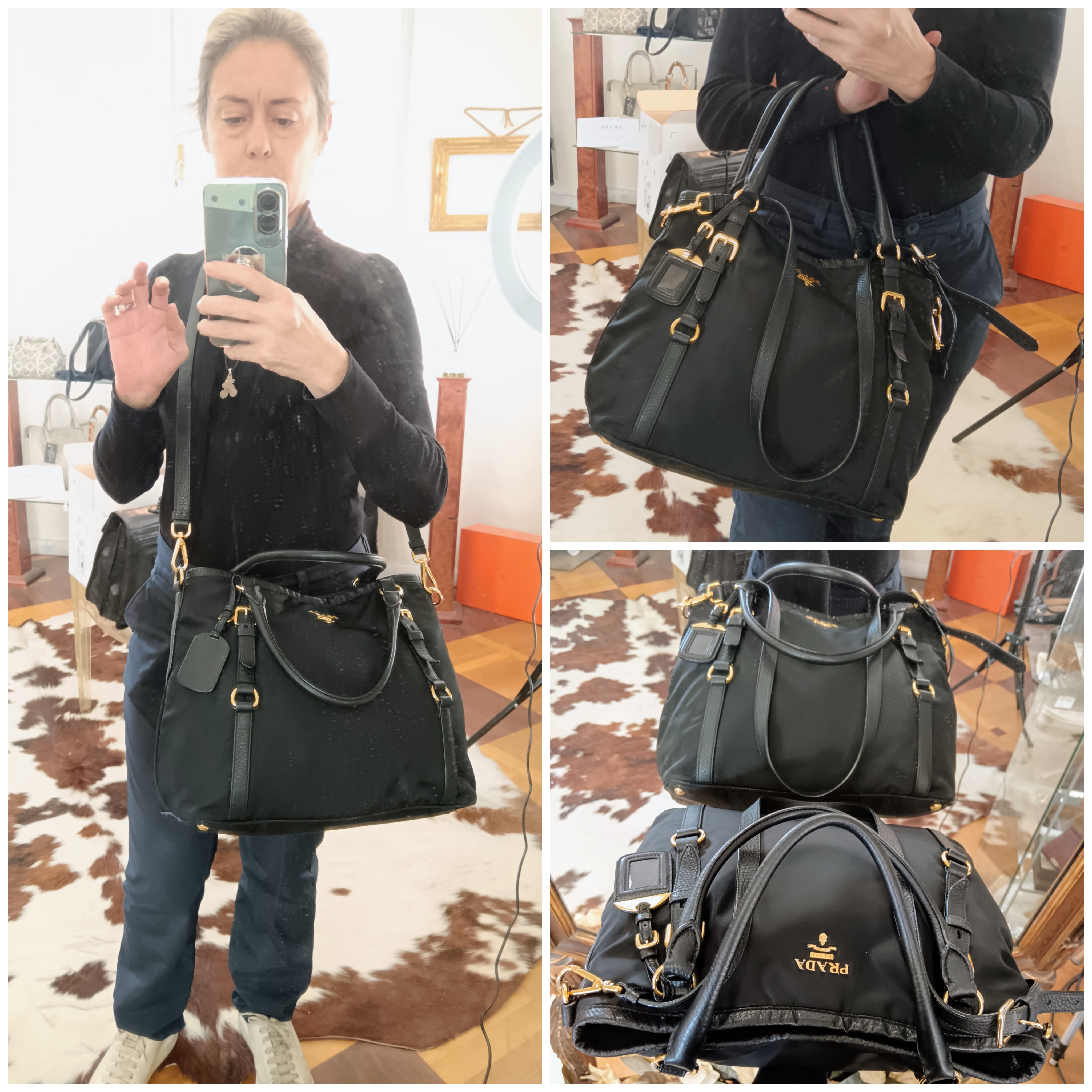 Prada - Shopper Re-Nylon e Pelle Nera Tracolla e fasce in pelle