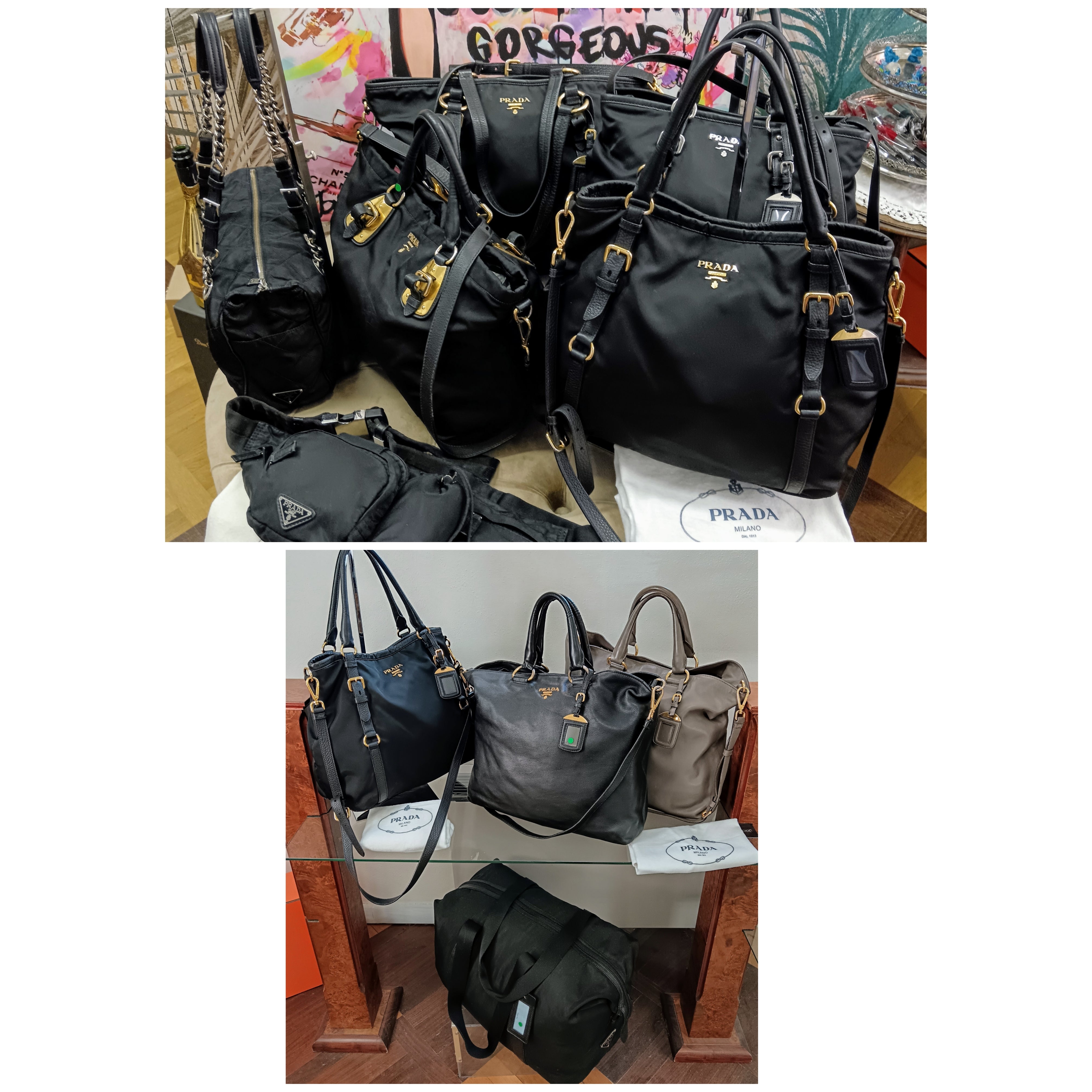 Prada - Shopper Re-Nylon e Pelle Nera Tracolla e fasce in pelle