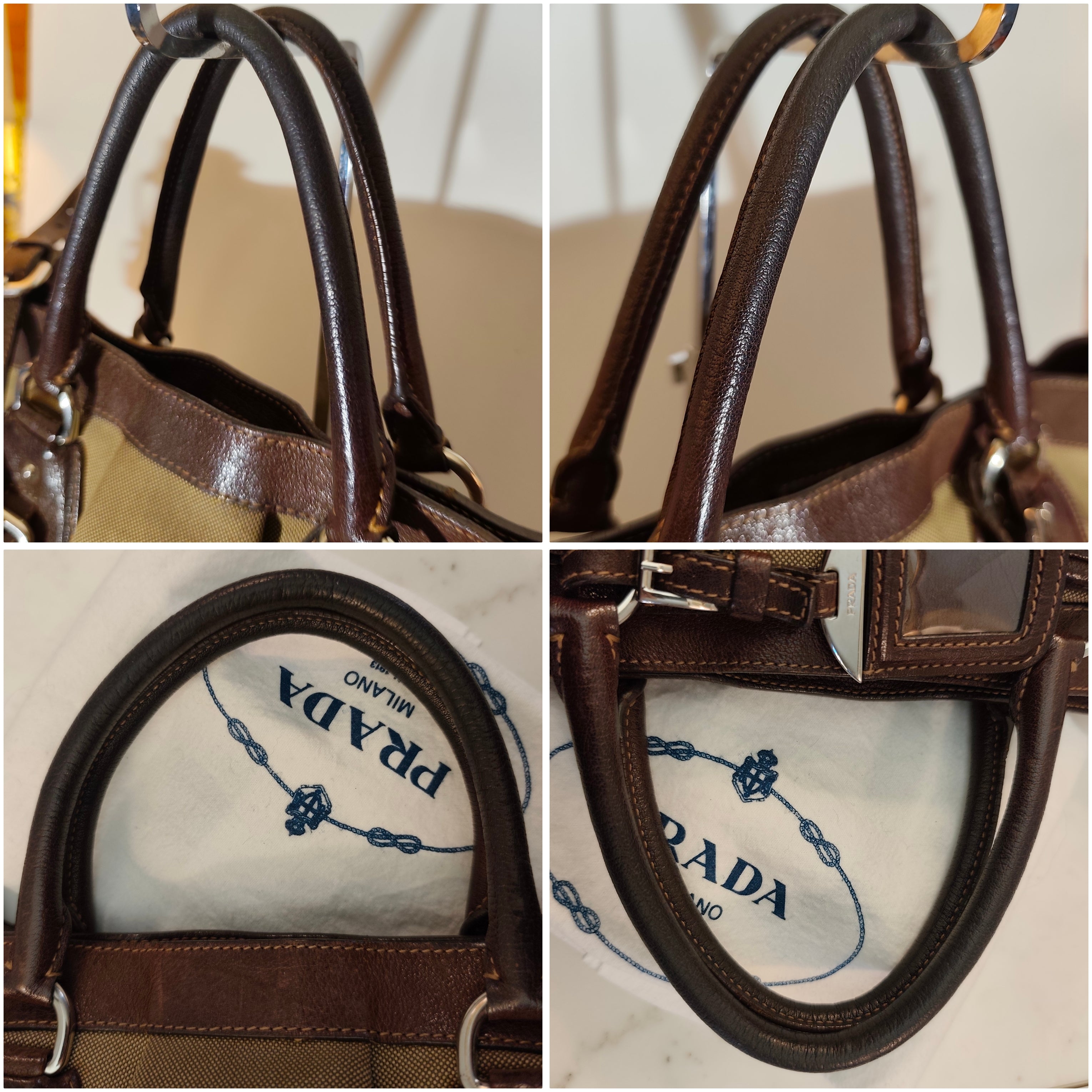 PRADA Shopper Hobo Logo Jacquard Canapa e Pelle Marrone Vintage