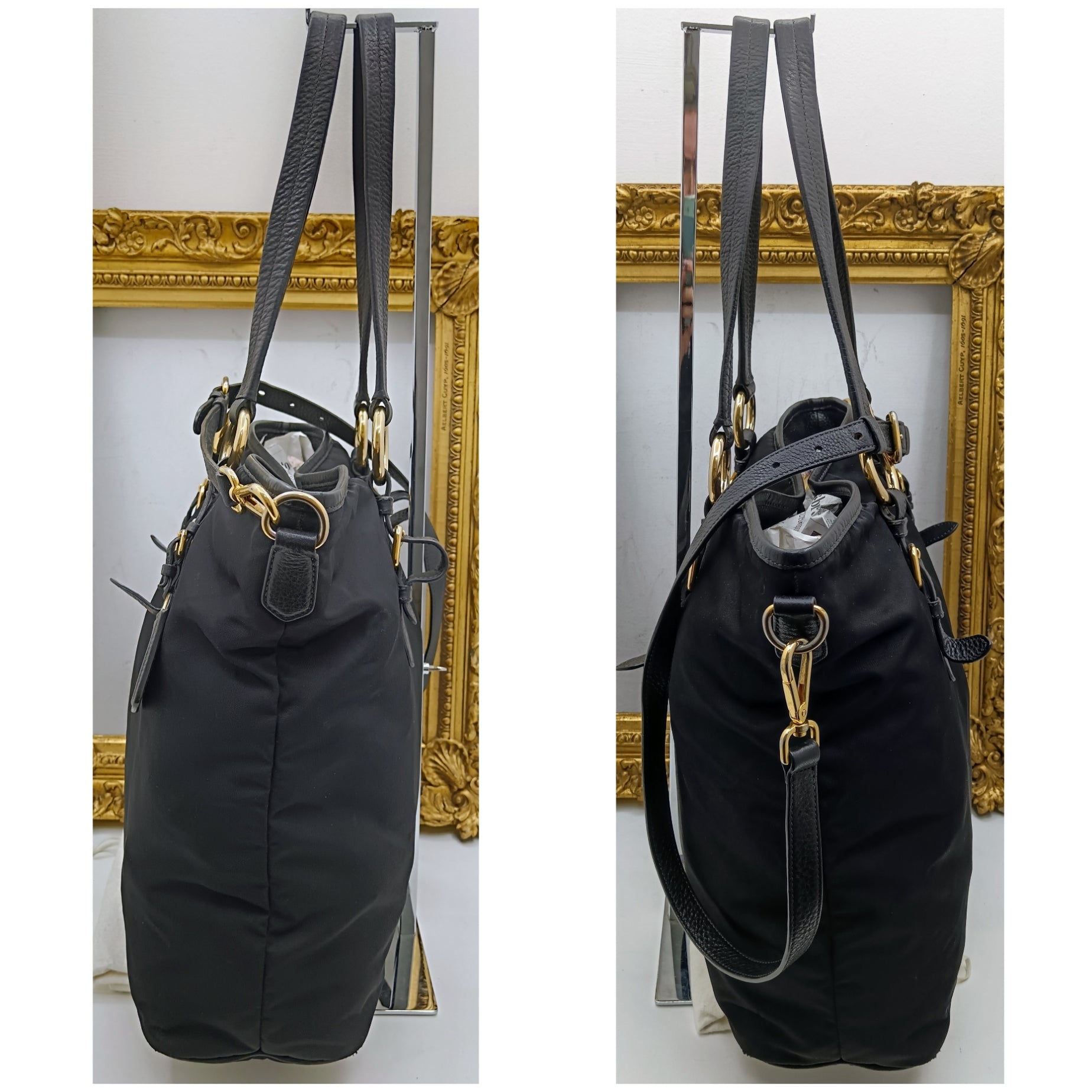 PRADA – Shopper a spalla Re-Nylon e Pelle Nera Doppi Manici con tracolla
