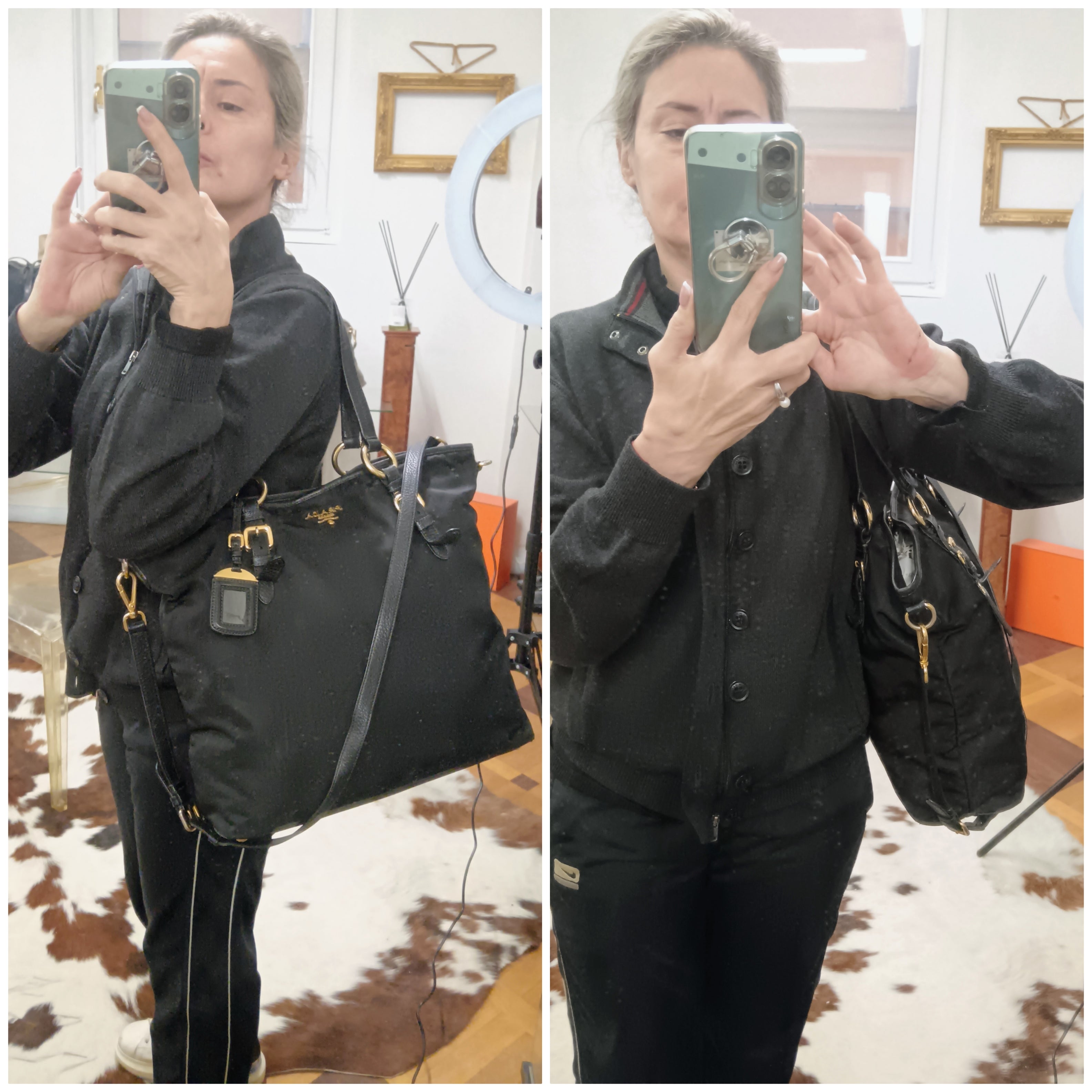 PRADA – Shopper a spalla Re-Nylon e Pelle Nera Doppi Manici con tracolla