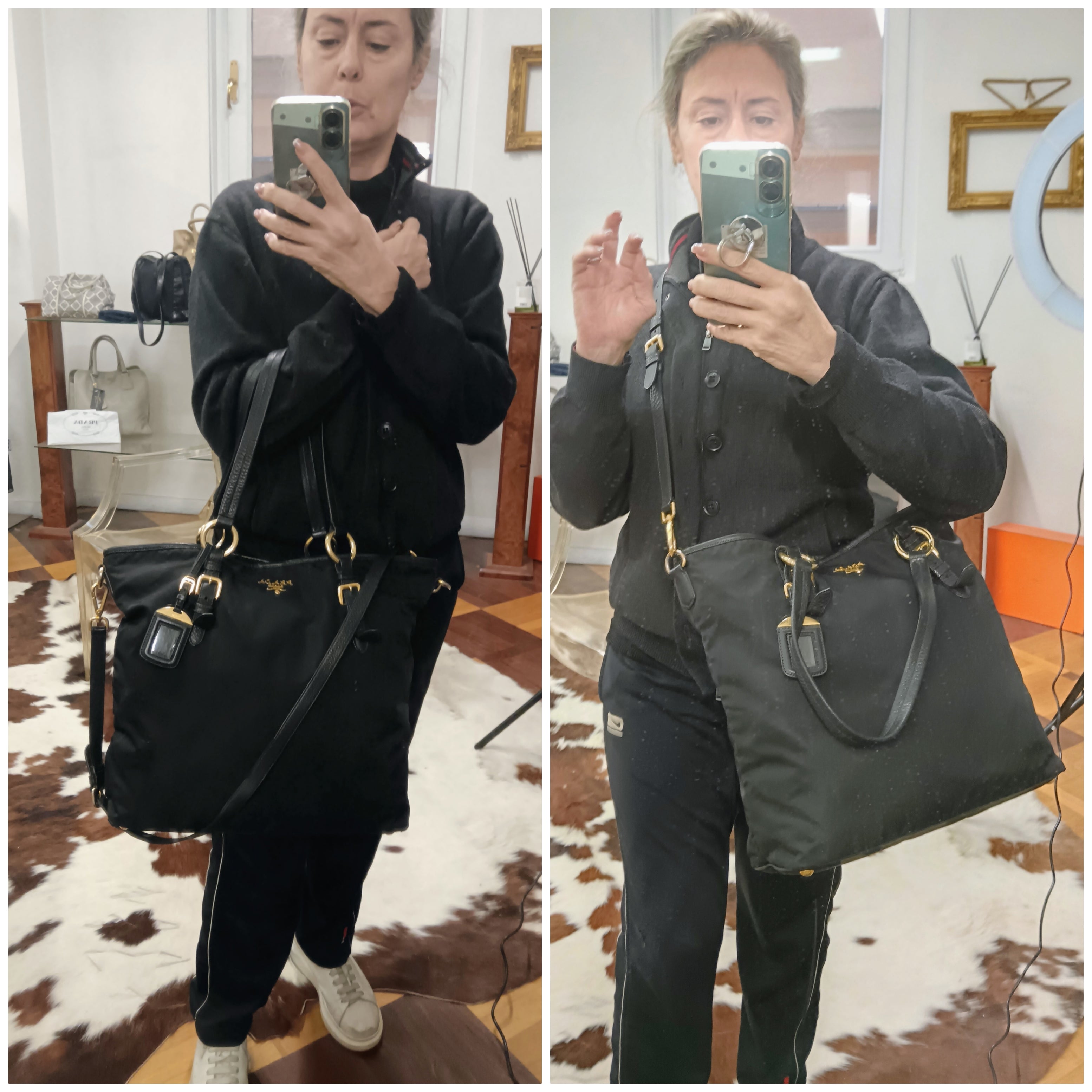 PRADA – Shopper a spalla Re-Nylon e Pelle Nera Doppi Manici con tracolla