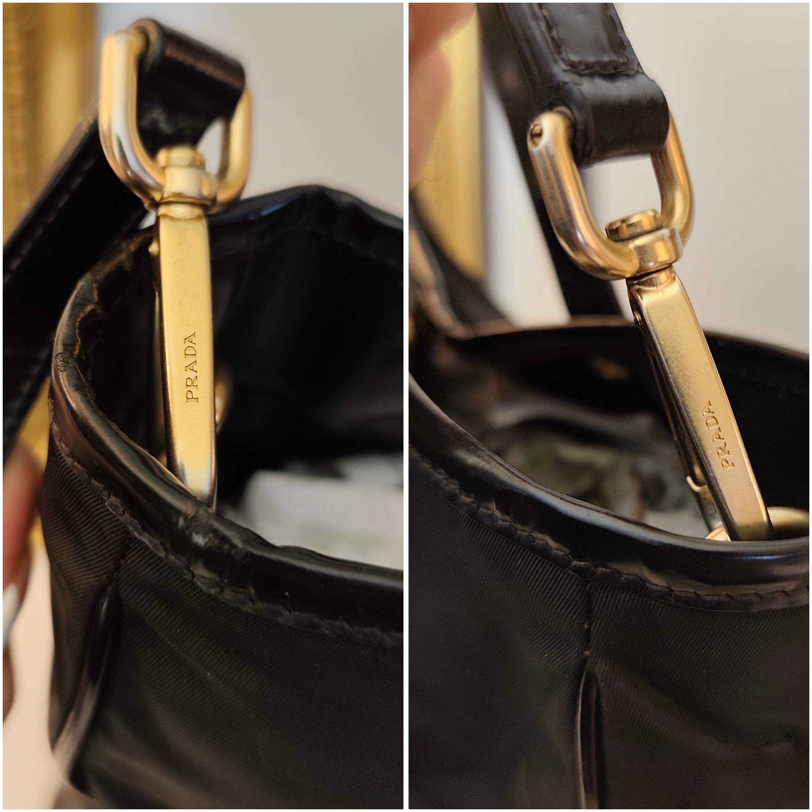 Prada - Borsa tote con tracolla in nylon e pelle nera lucida.