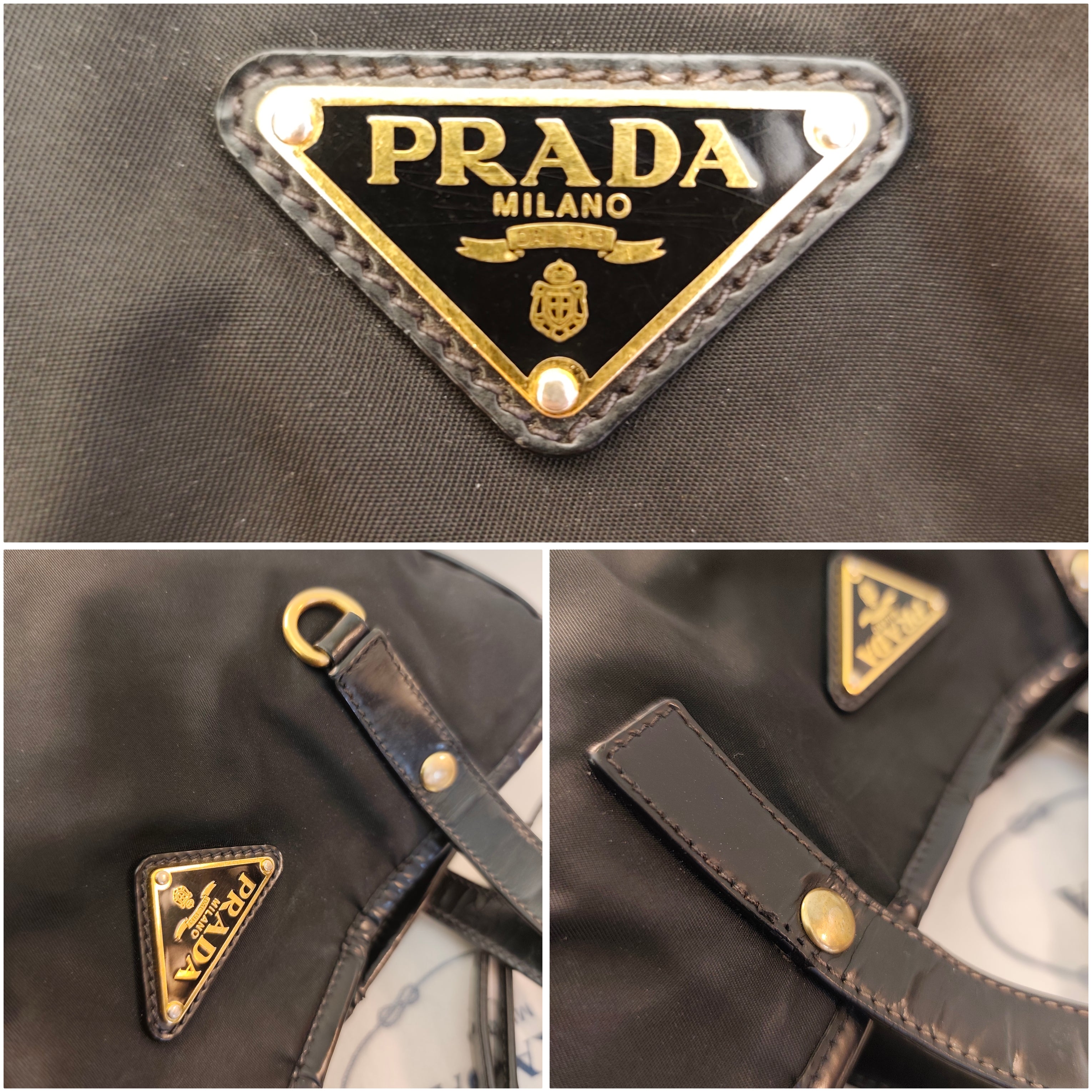 Prada - Borsa tote con tracolla in nylon e pelle nera lucida.