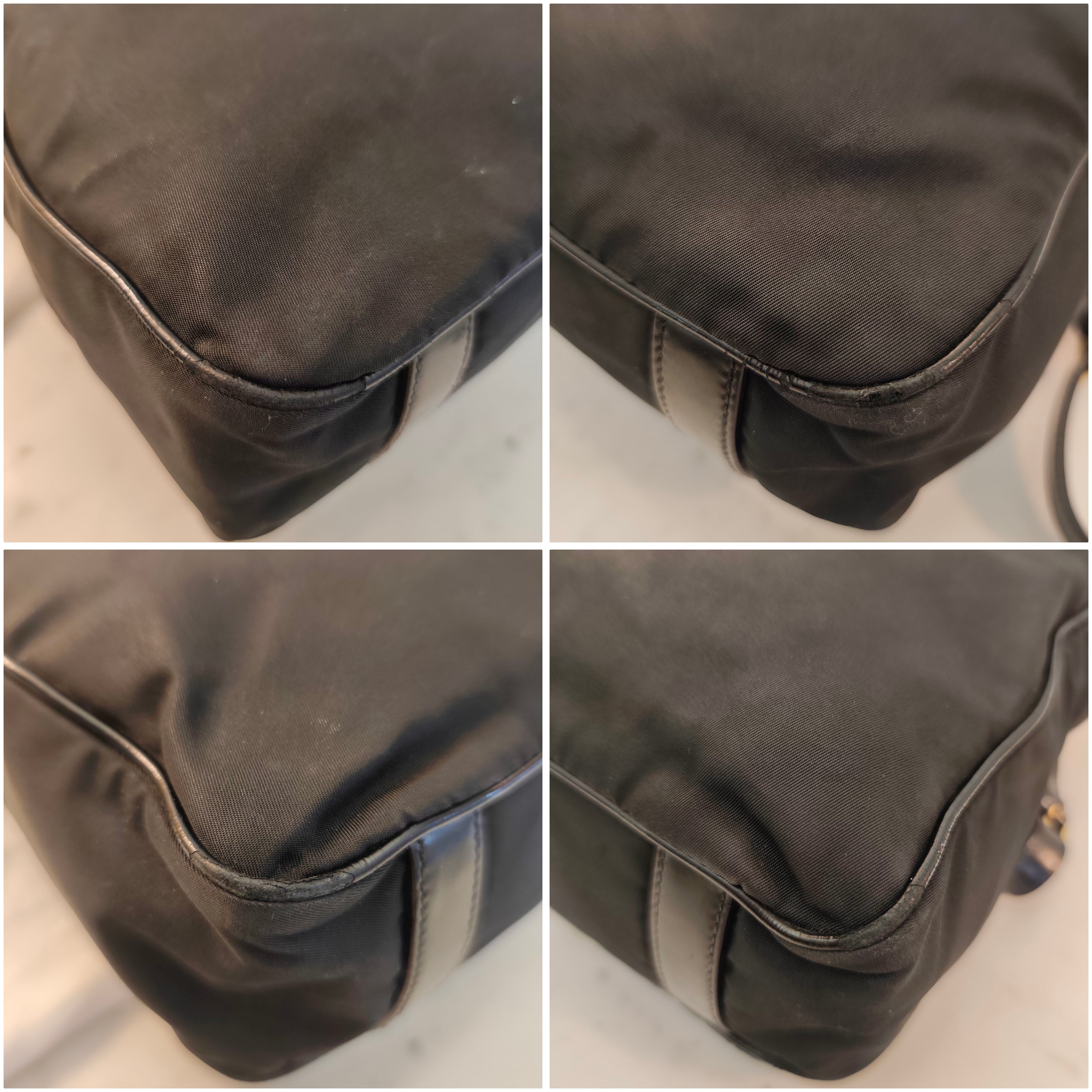 Prada - Borsa tote con tracolla in nylon e pelle nera lucida.