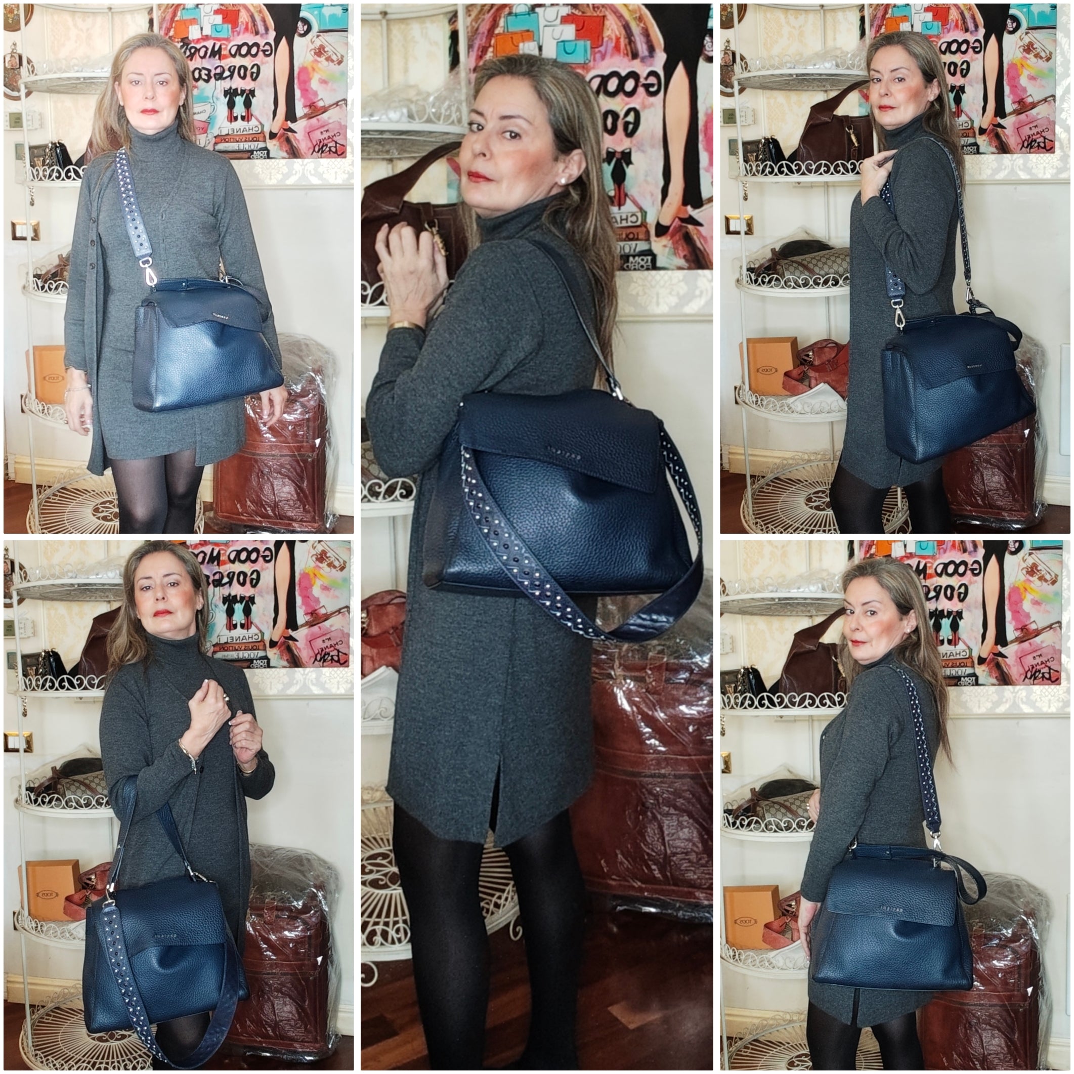 Orciani - Sveva Soft Media in Pelle Blu Navy con Tracolla