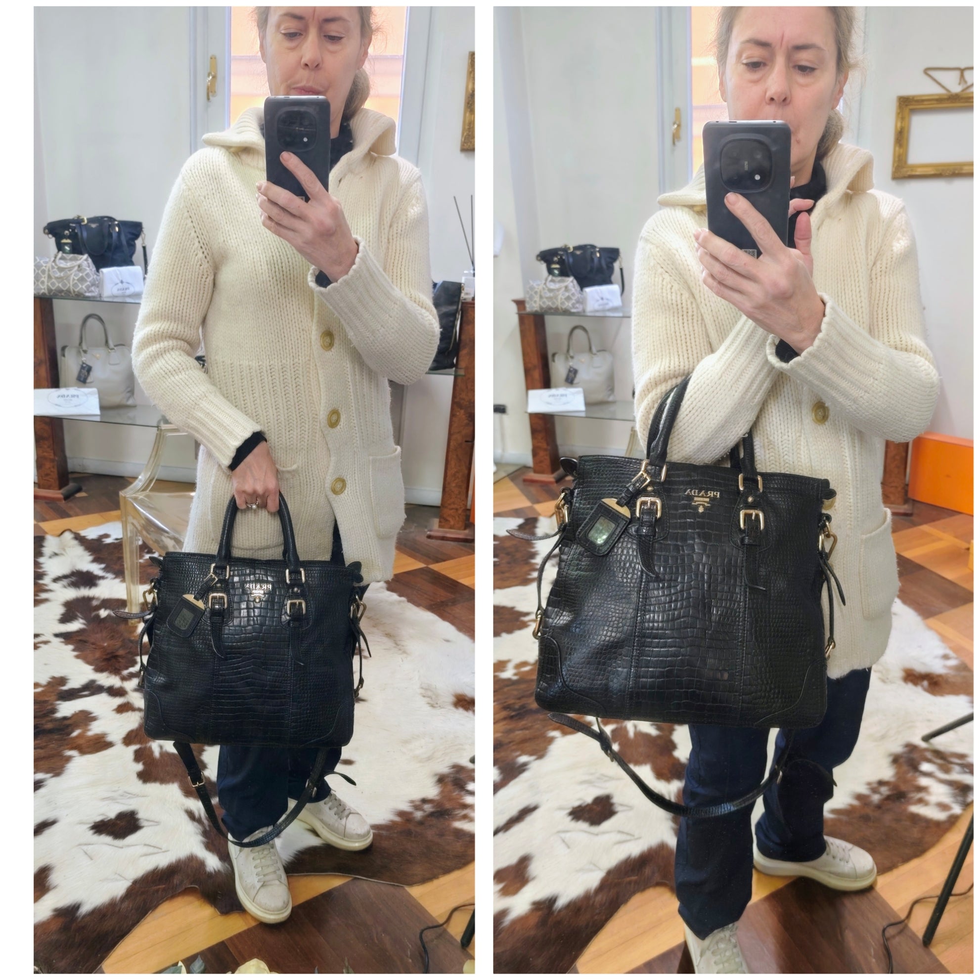 Prada - Tote Bag Shopper a Spalla Stampa Coccodrillo Vintage