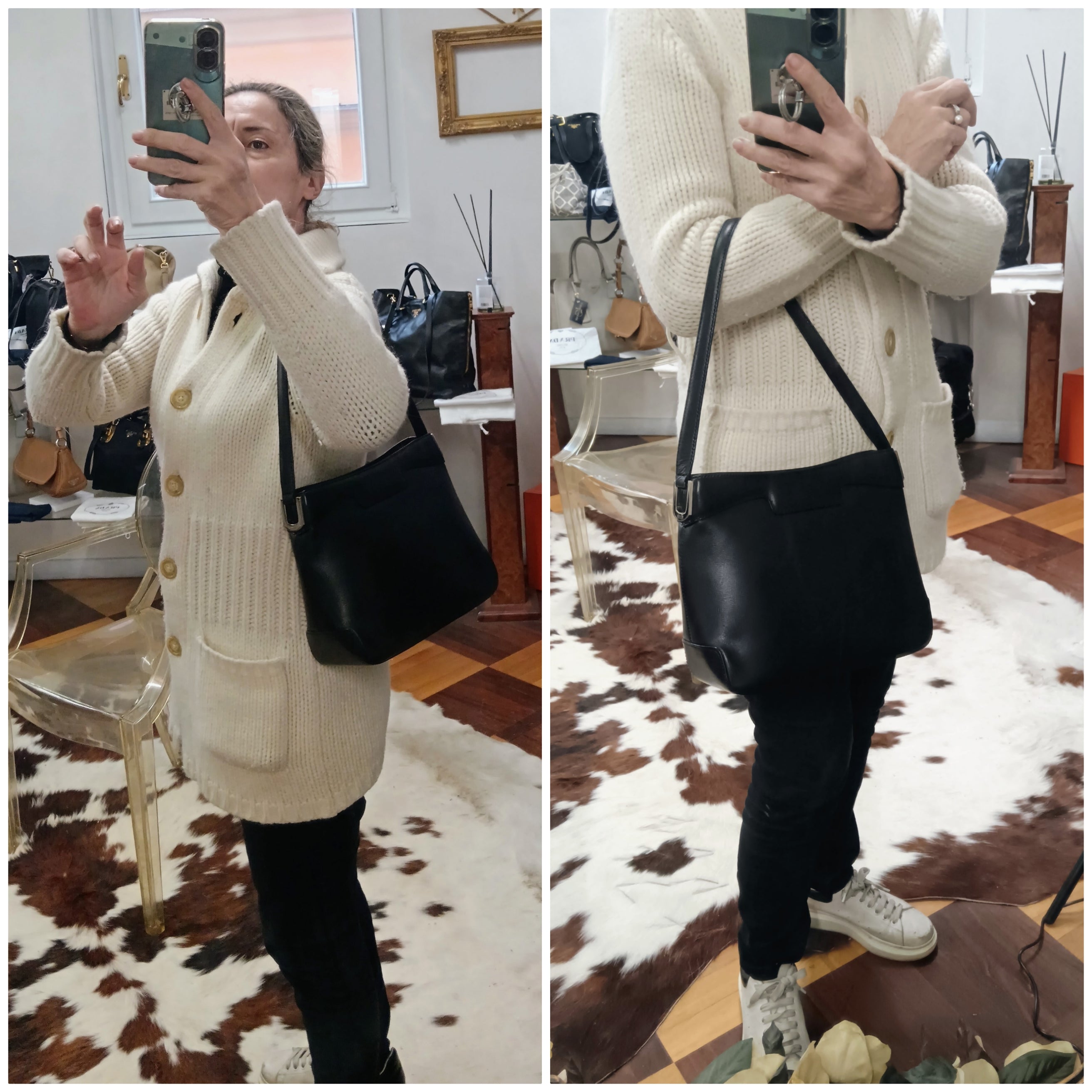 Valextra – Borsa a spalla in pelle Millepunte nera