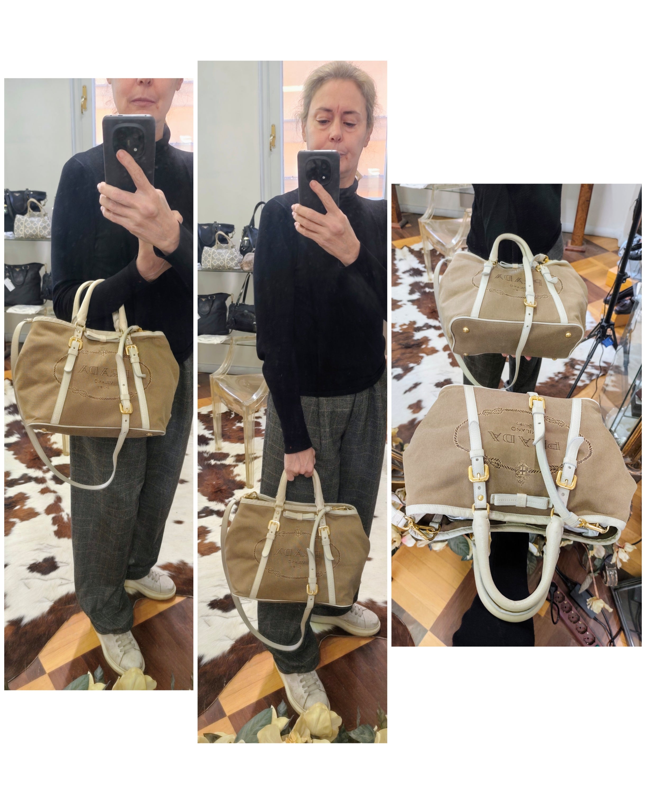 Prada - Tote Bag Shopper Media Canapa Jacquard Beige e Avorio