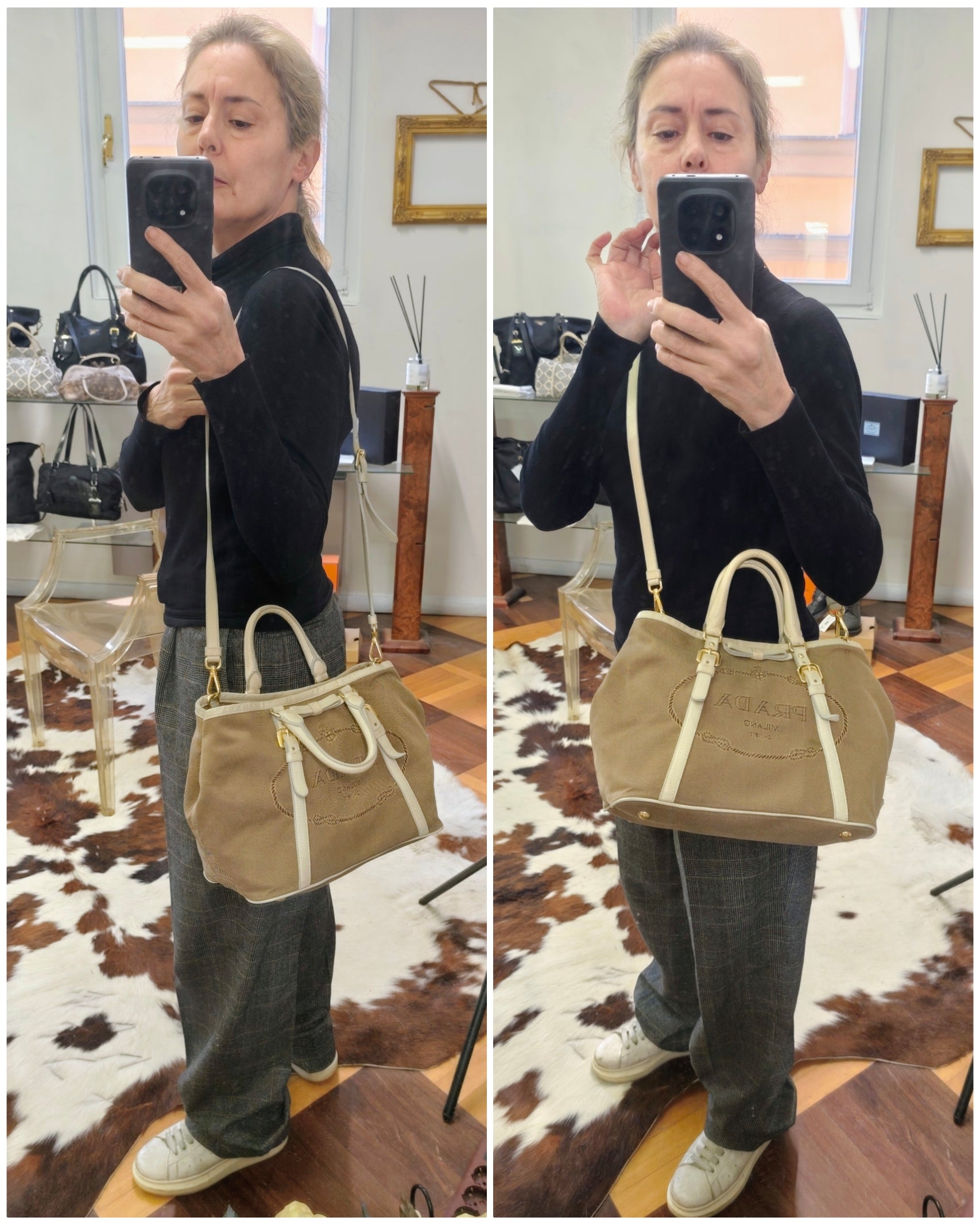 Prada - Tote Bag Shopper Media Canapa Jacquard Beige e Avorio