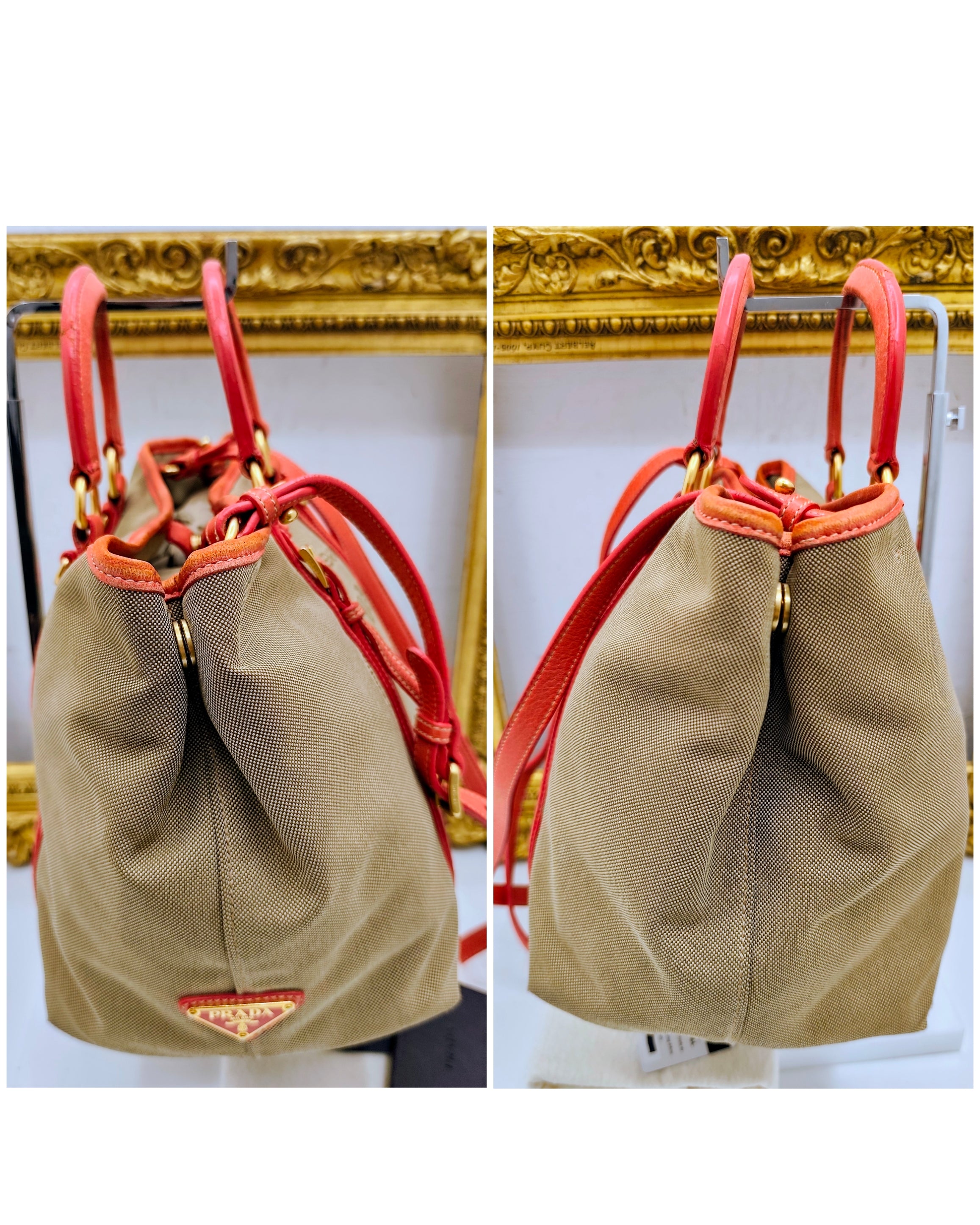 Prada – Shopper Tote Bag Media Logo Jacquard Beige e Corallo