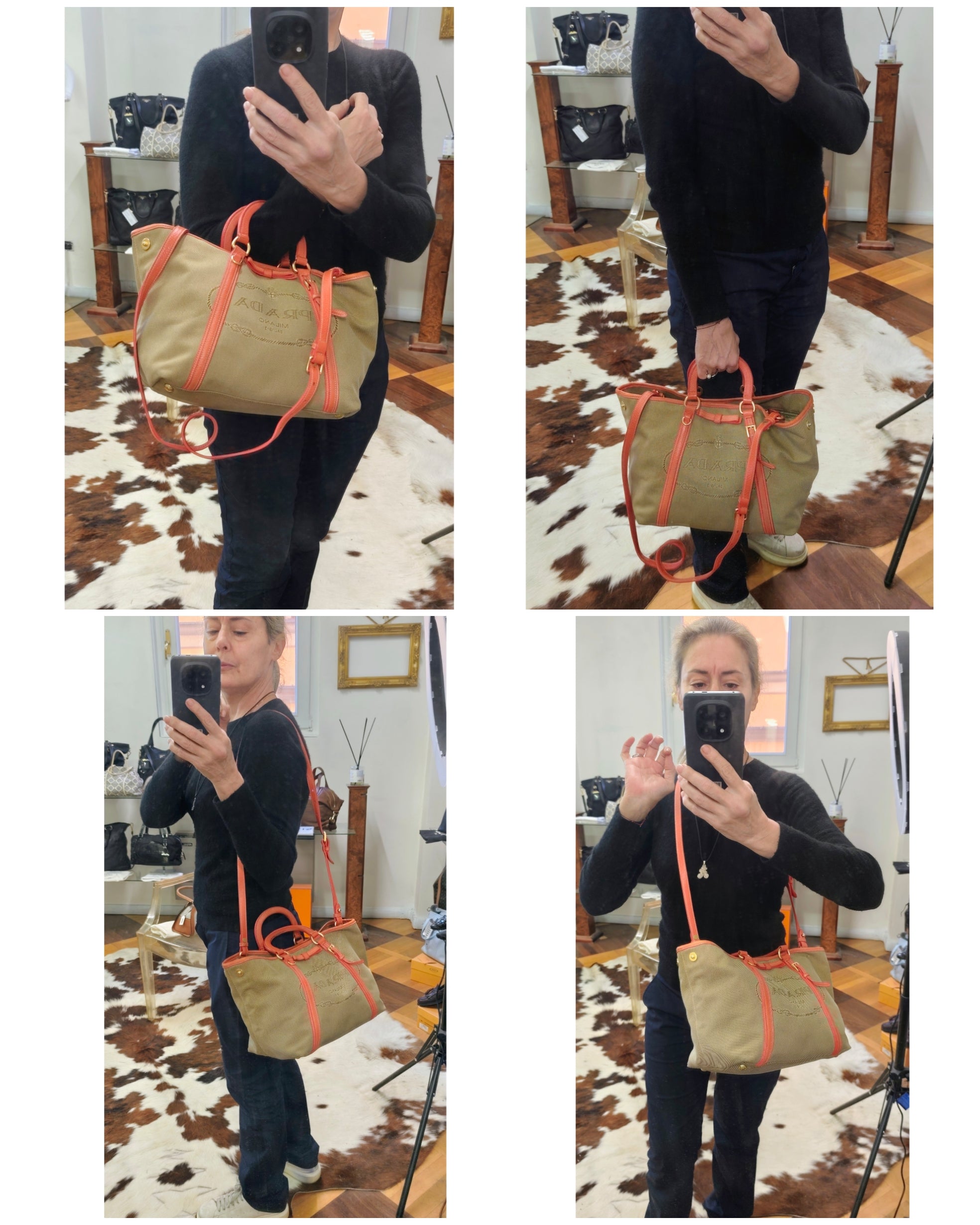 Prada – Shopper Tote Bag Media Logo Jacquard Beige e Corallo