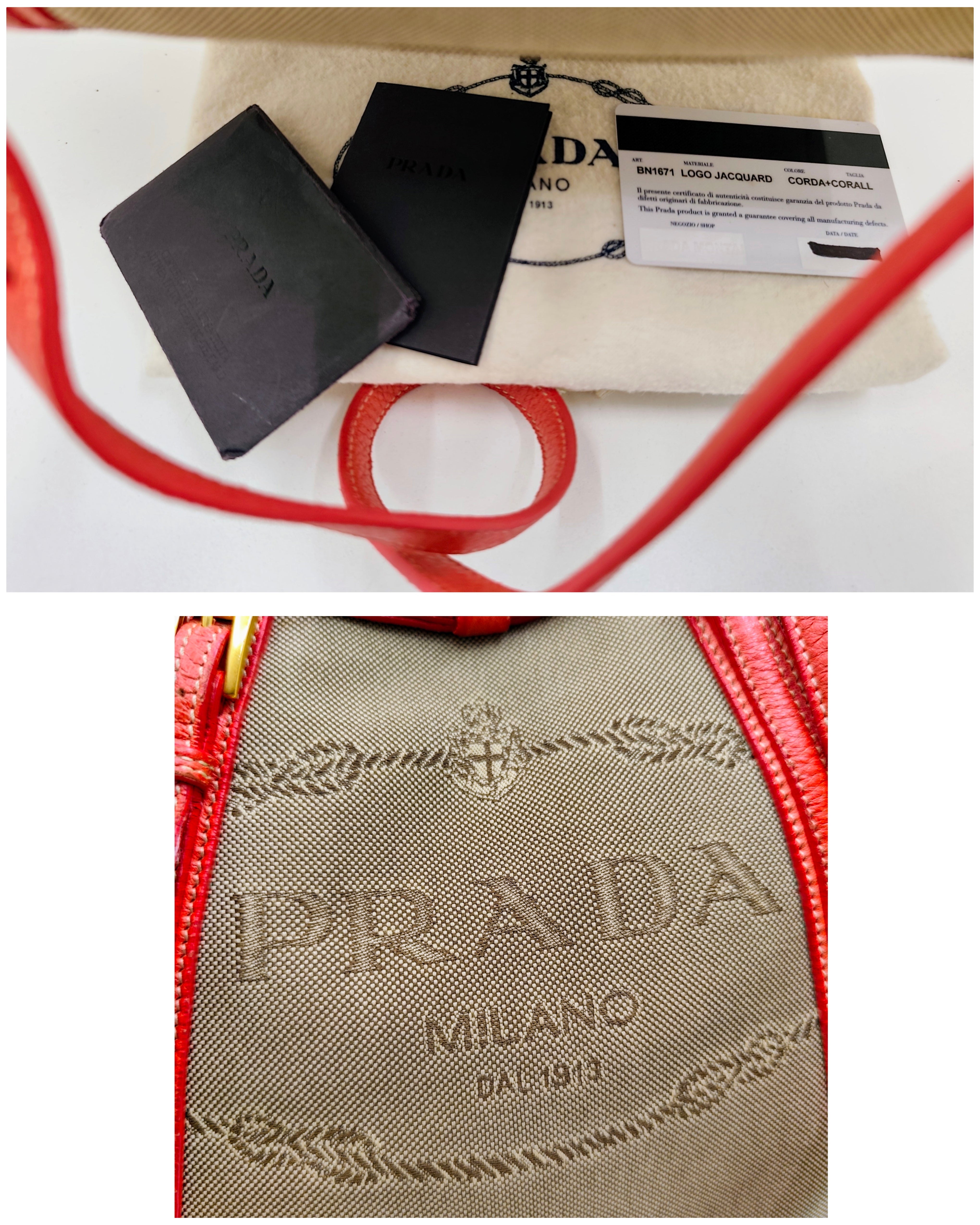 Prada – Shopper Tote Bag Media Logo Jacquard Beige e Corallo