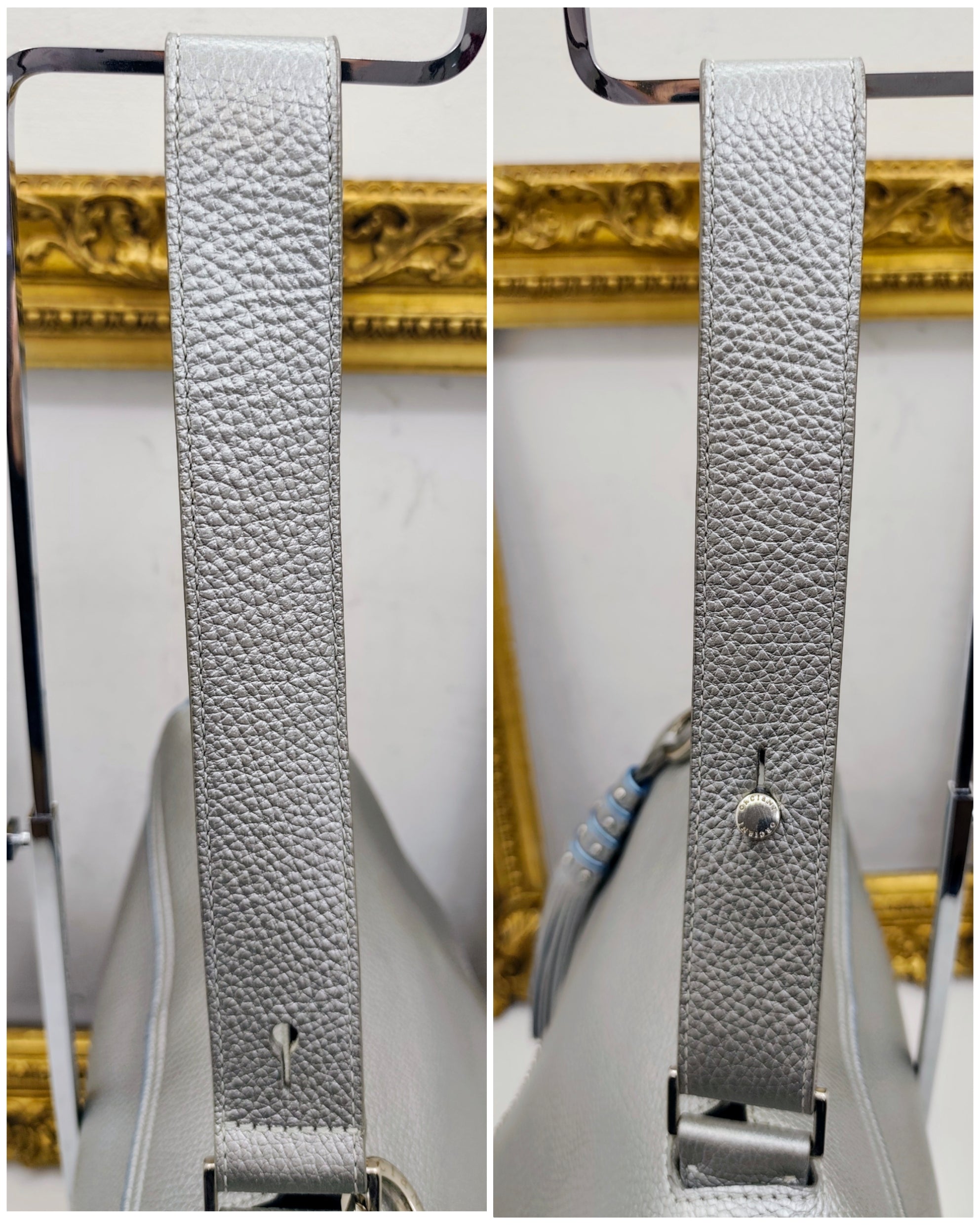 Orciani – Sveva Soft Media Pelle Martellata Argento con Profili Azzurri e Charm Nappina