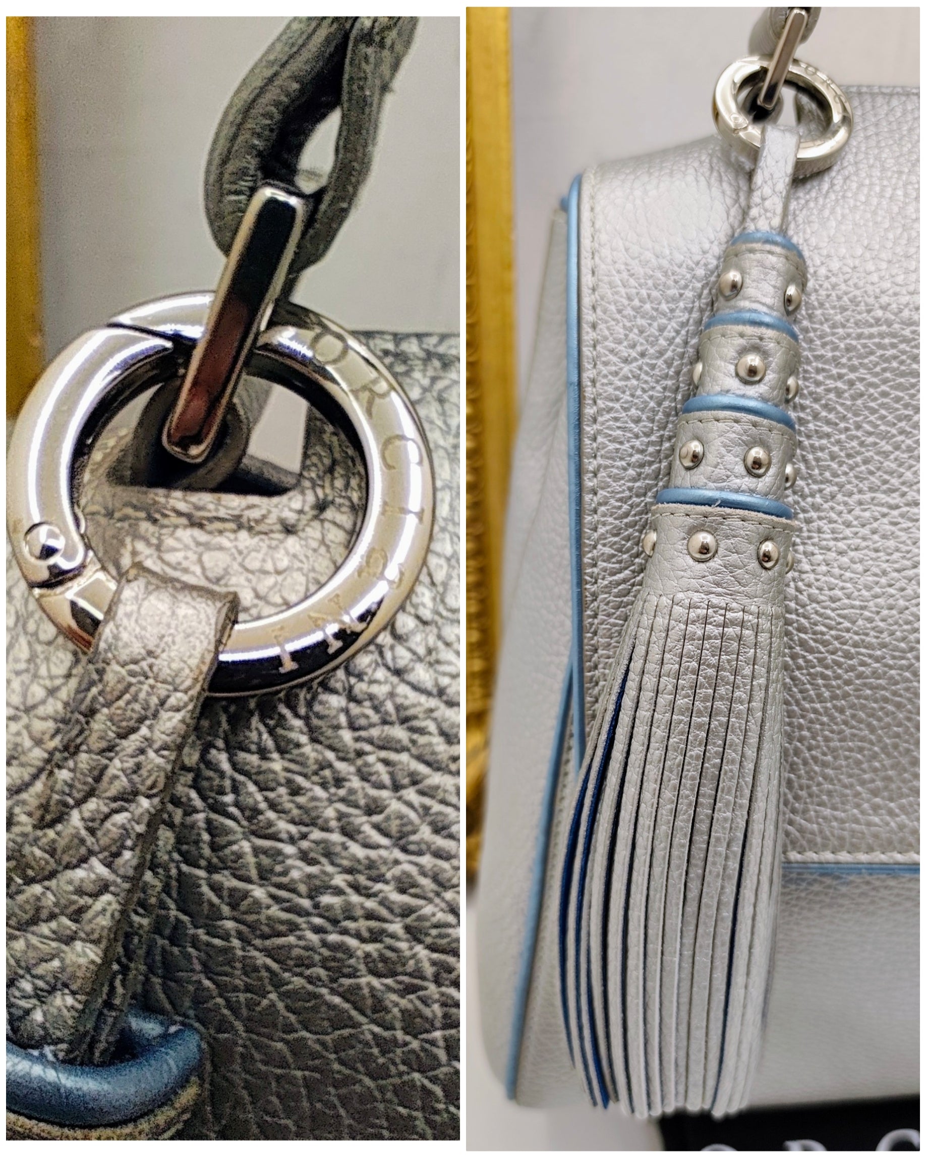 Orciani – Sveva Soft Media Pelle Martellata Argento con Profili Azzurri e Charm Nappina