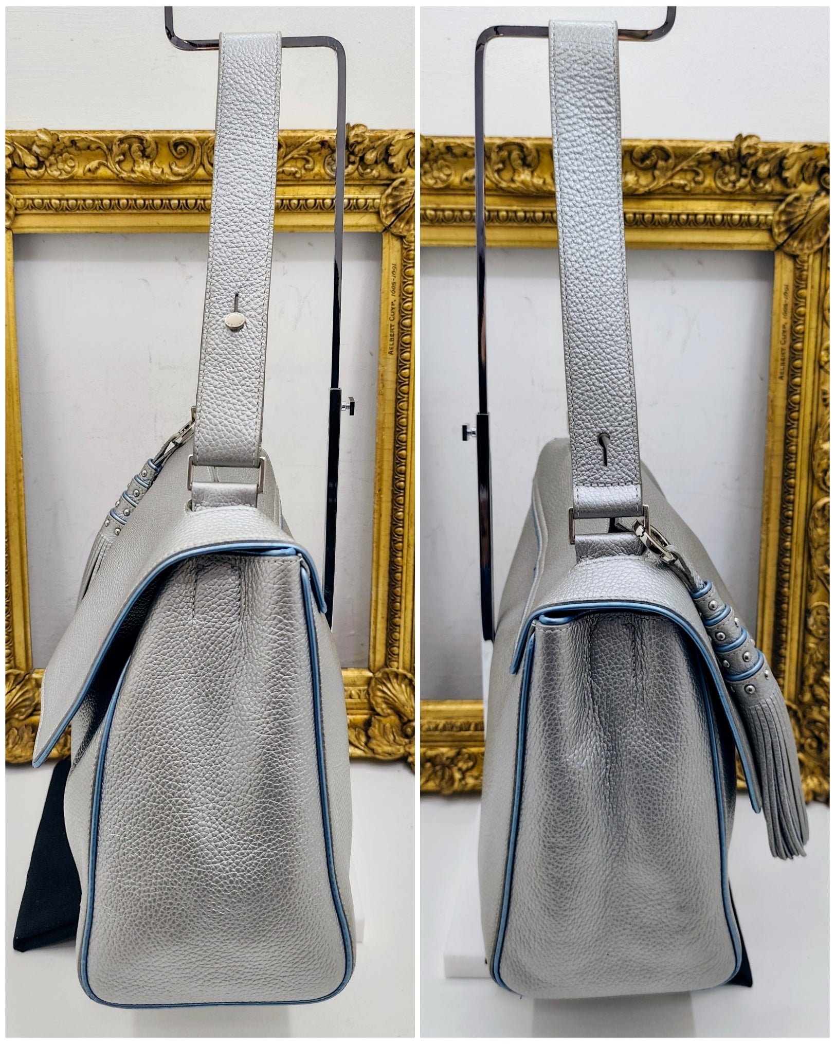 Orciani – Sveva Soft Media Pelle Martellata Argento con Profili Azzurri e Charm Nappina